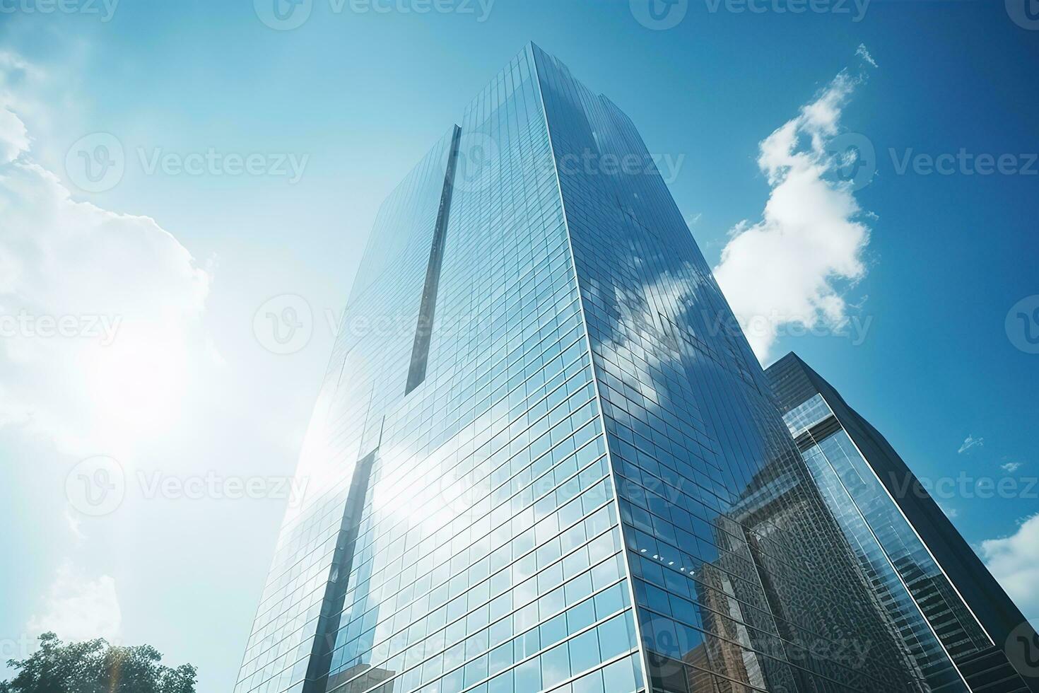 ai generato Basso angolo città costruzione, alto Torre costruzione, con molti bicchiere foto