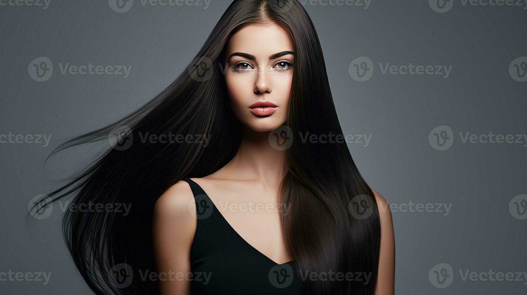 ai generato donna con bellissimo lungo capelli indossare nero vestito foto