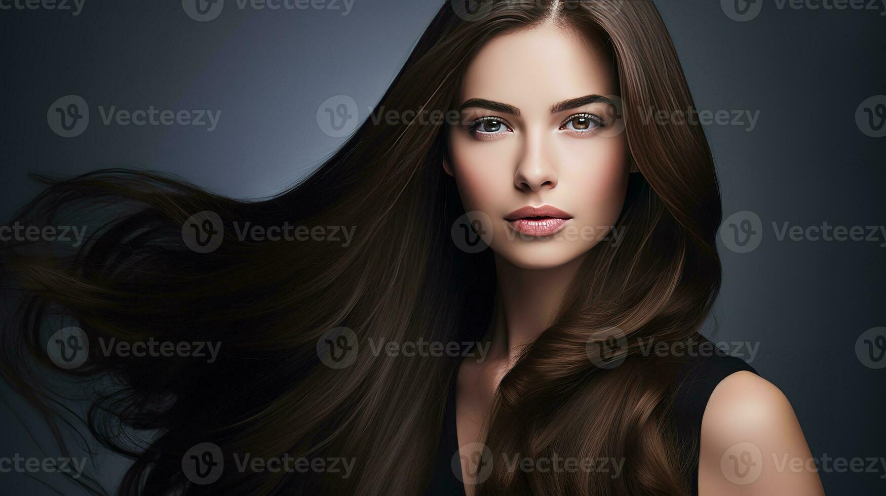 ai generato donna con bellissimo lungo capelli indossare nero vestito foto