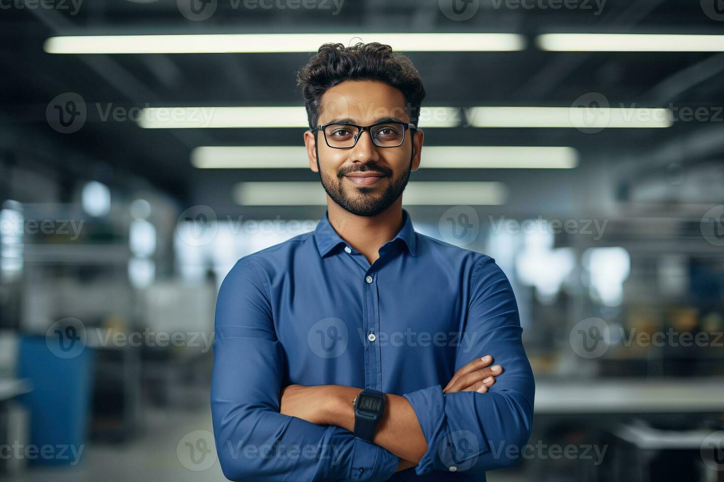 ai generato un' giovane indiano maschio progettista, ingegnere, architetto chi è indossare bicchieri e un' blu camicia sorridente in piedi nel il ufficio e guardare a il telecamera foto