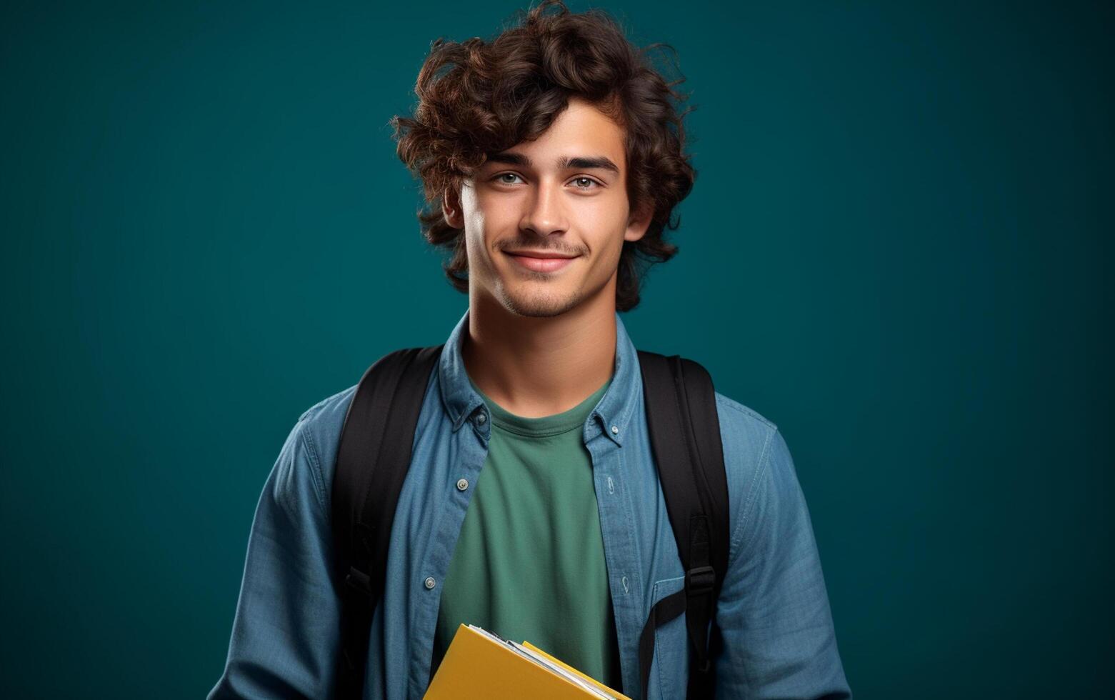 ai generato alunno sorridente con scuola Borsa e taccuino foto