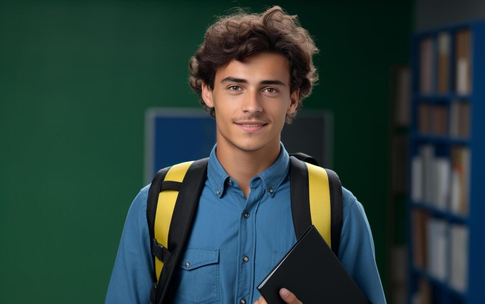 ai generato alunno sorridente con scuola Borsa e taccuino foto