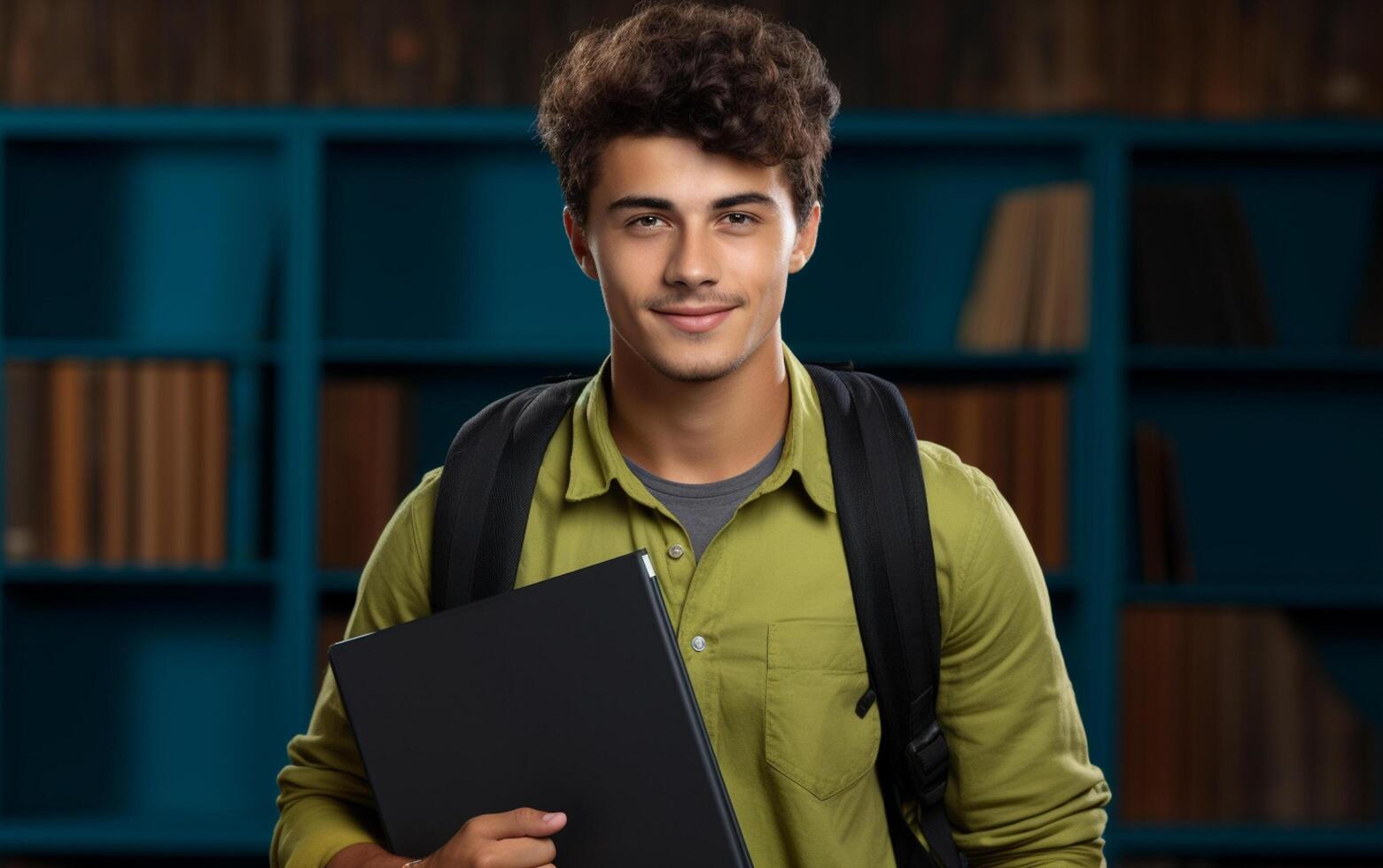 ai generato alunno sorridente con scuola Borsa e taccuino foto