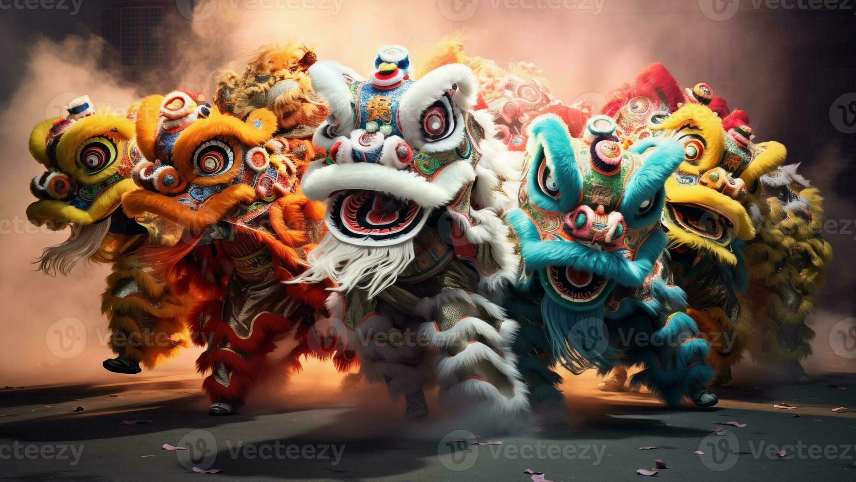 ai generato vivace tradizionale Leone e Drago balli a Cinese nuovo anno foto