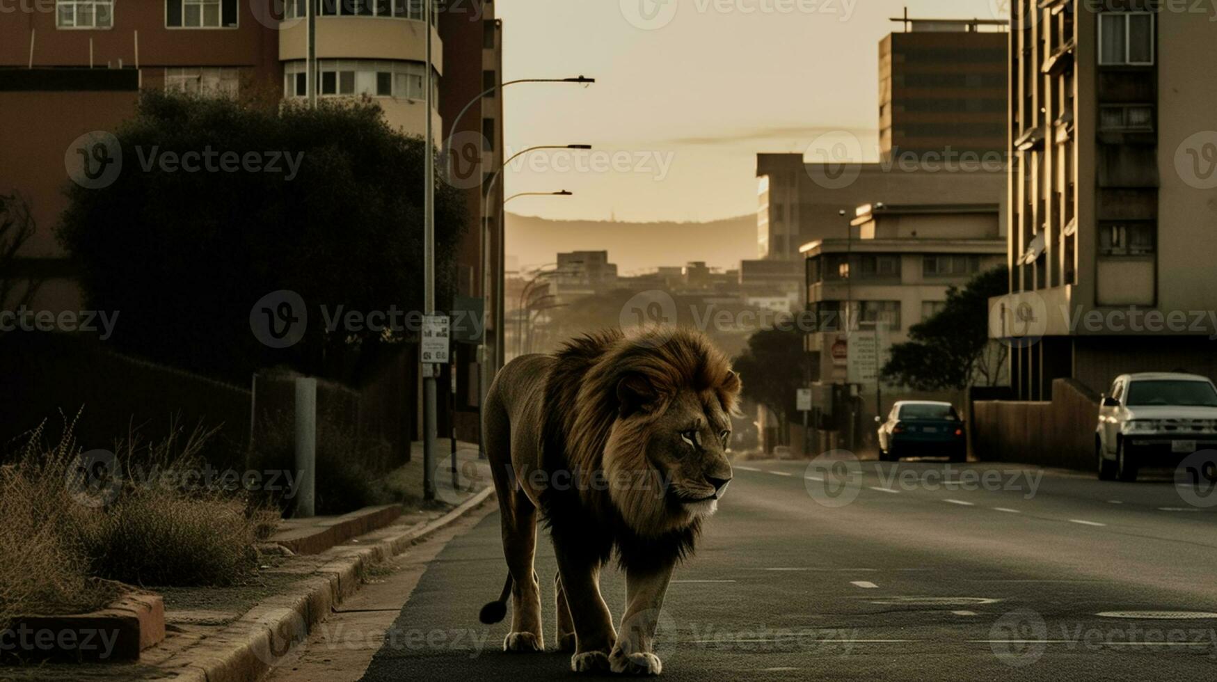 ai generato un' maschio Leone vaga attraverso un africano città foto