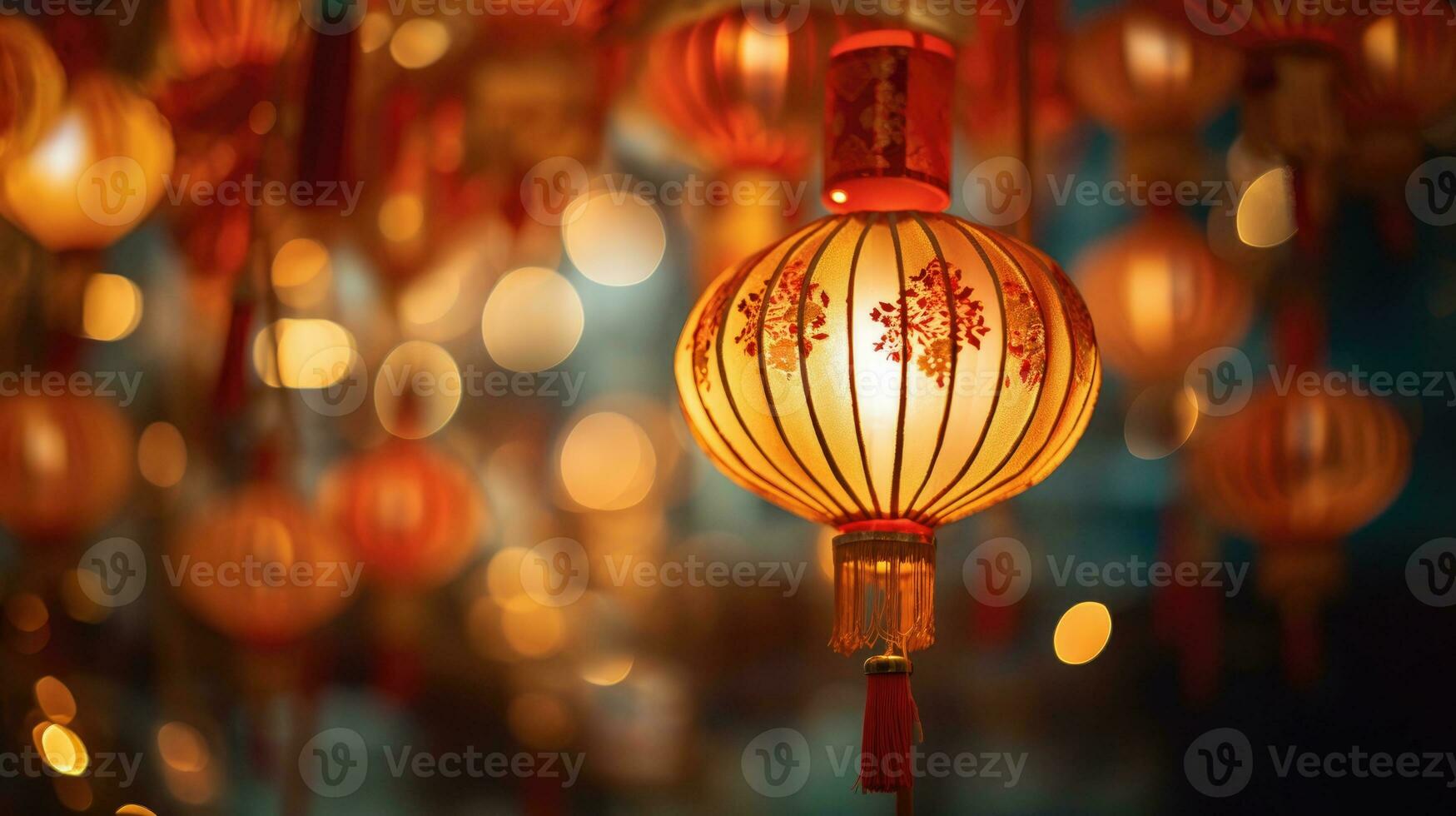 ai generato Cinese lanterna su sfocato illuminato backgroound foto