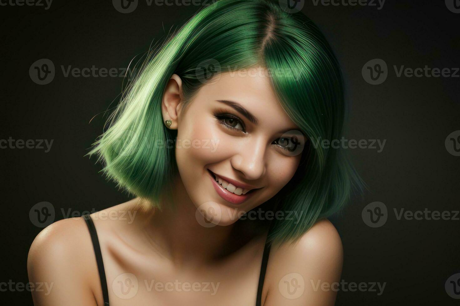 ai generato ritratto bellissimo verde capelli e occhi modello donna con bianca denti Sorridi, salutare lungo capelli e bellezza pelle su buio sfondo. concetto di pubblicità dentista e facciale cura. generativo foto