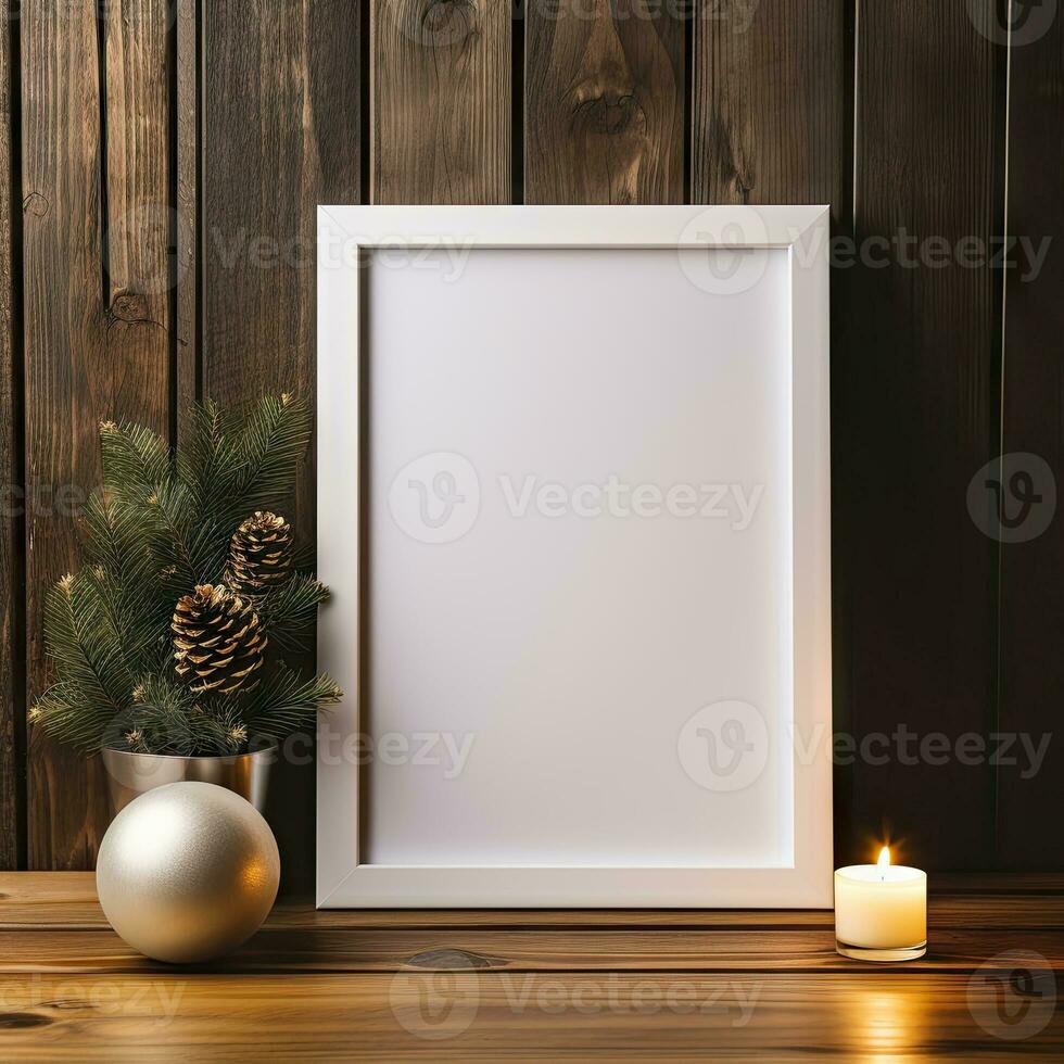 ai generato bianca foto telaio modello stile su di legno tavolo con Natale decorazione