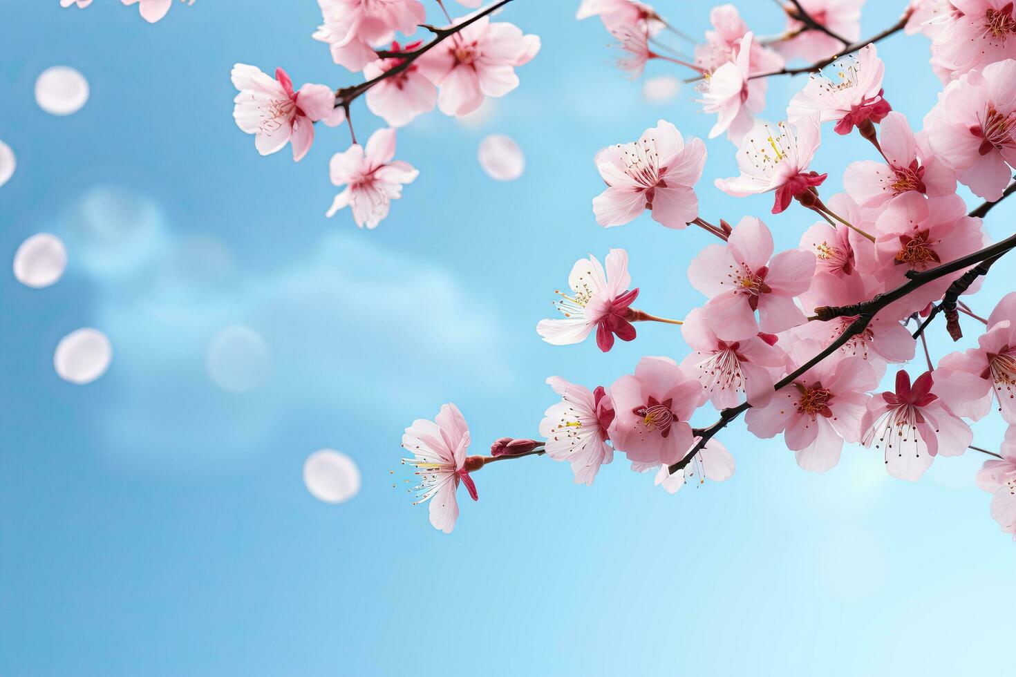 ai generato ciliegia fiorire sakura rami su cielo bokeh sfondo foto