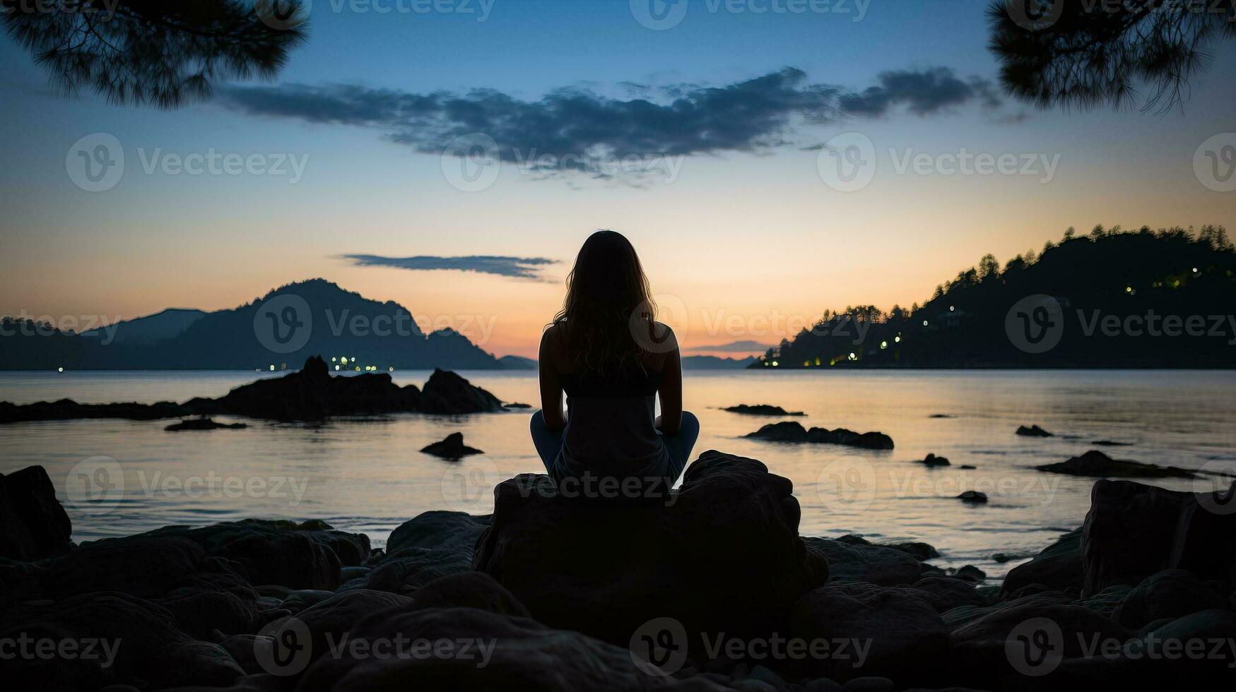 ai generato womans fare un' silenzioso meditazione di il spiaggia. generativo ai foto