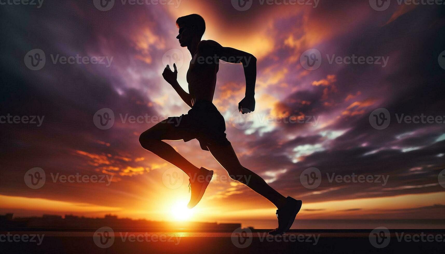 ai generato un' giovane atleta preparazione per un' correre su un' Alba sfondo. generativo ai foto