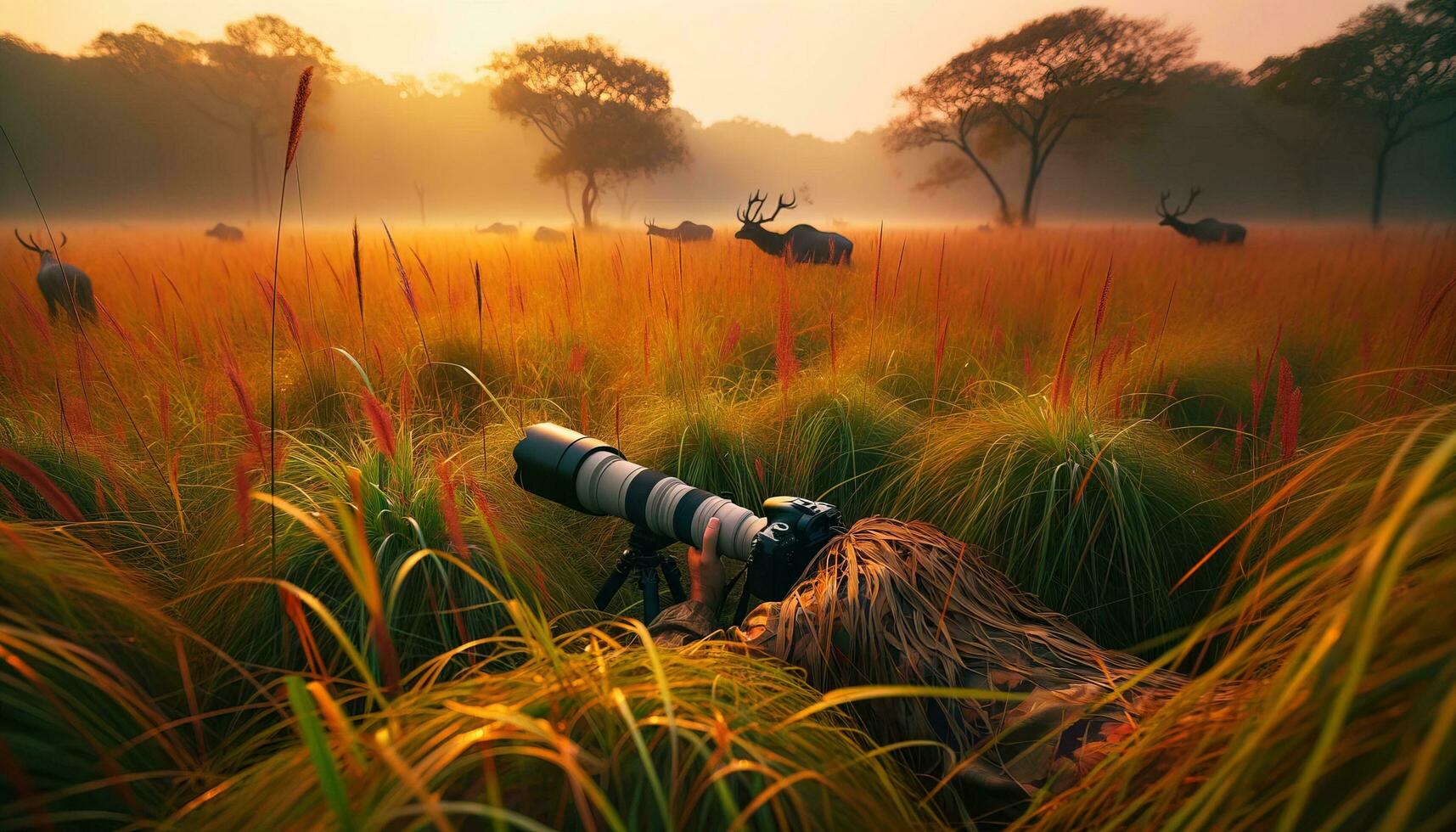 ai generato un' natura fotografo mimetizzato nel il alto erba, in attesa per il Perfetto sparo. generativo ai foto