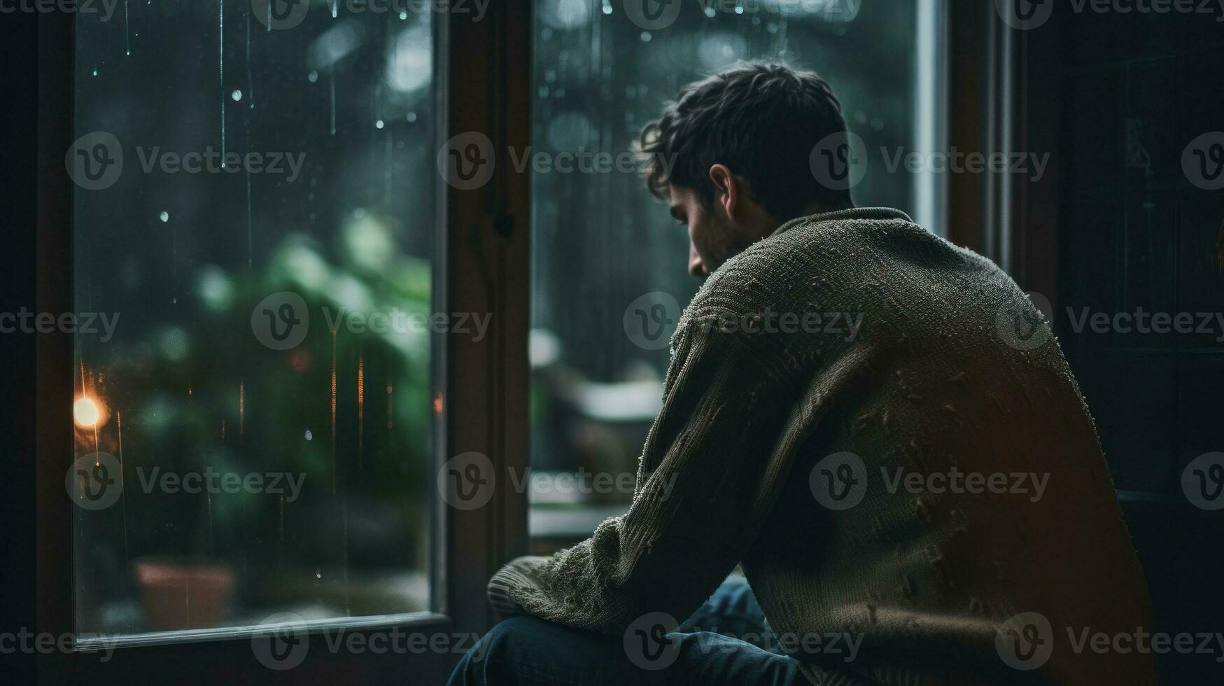 ai generato uomo seduta su finestra davanzale guardare fuori. generativo ai foto
