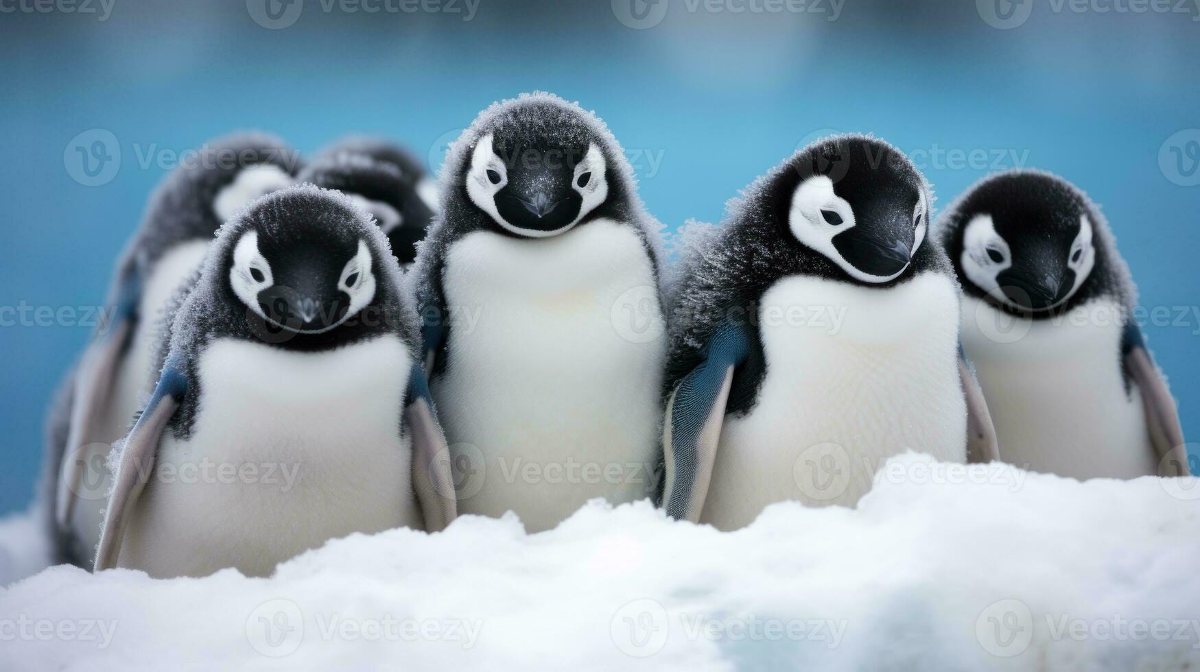 ai generato un' gruppo di pinguini in piedi nel il neve, in mostra loro nero e bianca piume e huddling insieme per calore. generativo ai foto