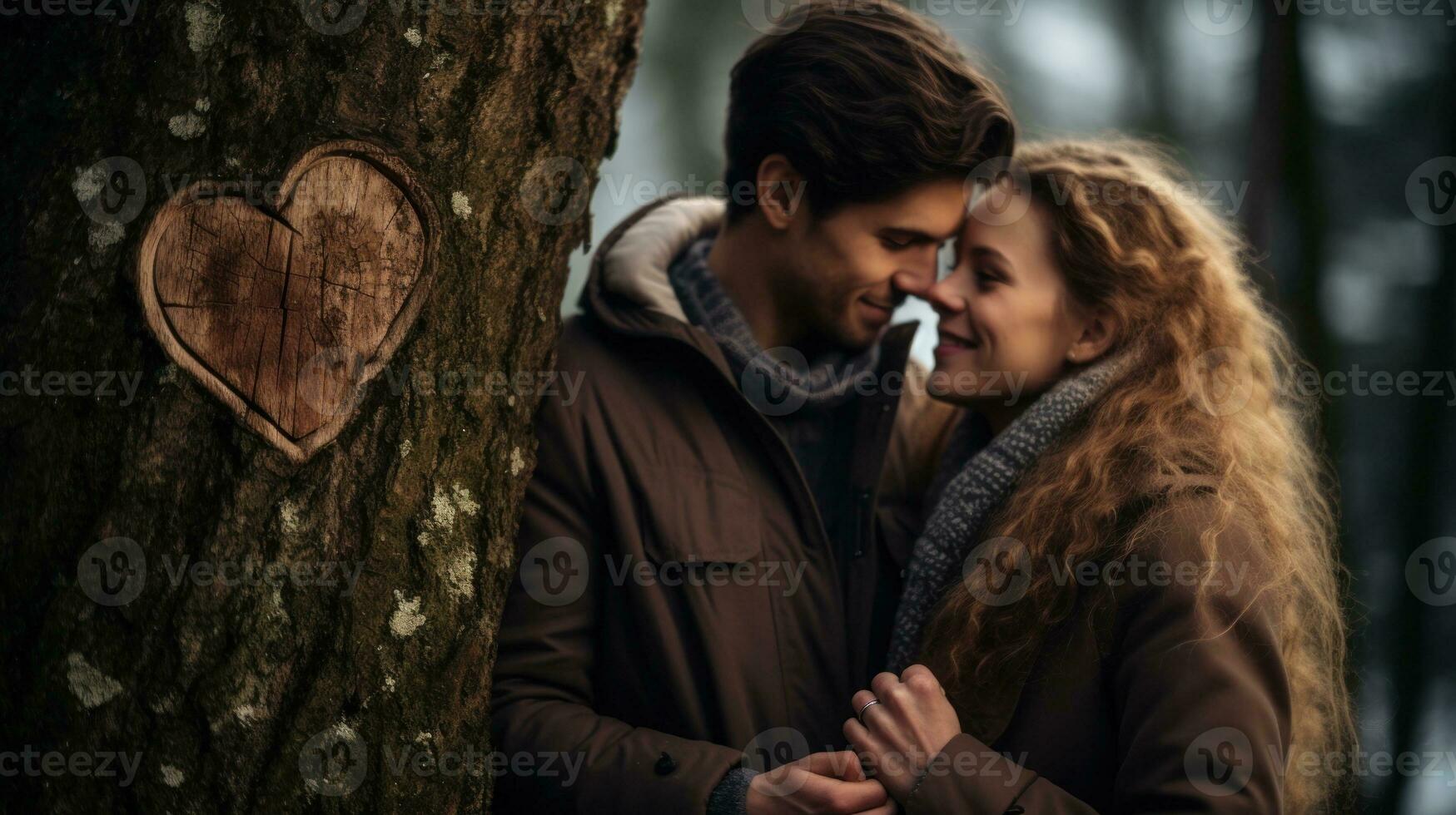 ai generato un' coppia condivisione un' romantico momento nel davanti di un' albero con un' a forma di cuore forma simboleggiante loro amore. generativo ai foto