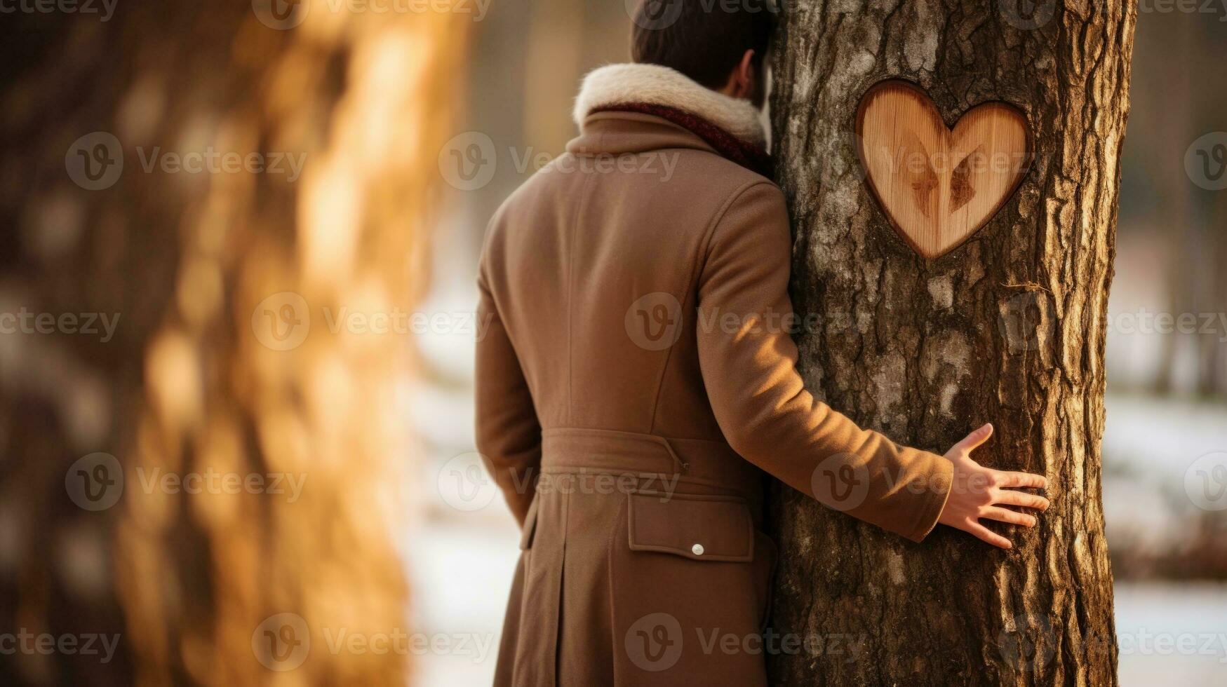 ai generato un' cuore lavorato in un' albero, simboleggiante amore e aspettativa, e un' uomo in attesa con desiderio Il prossimo per esso. generativo ai foto