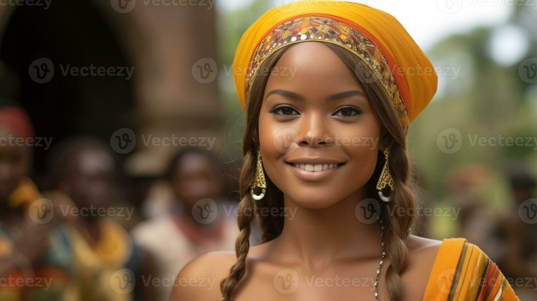 ai generato africano donna con un' vivace testa avvolgere, radiante bellezza e culturale orgoglio. generativo ai foto