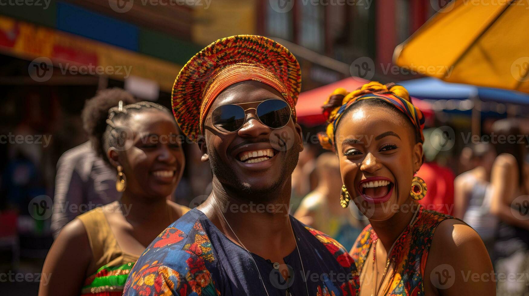 un' uomo e donna vestito nel africano capi di abbigliamento siamo sorridente calorosamente, visualizzazione loro culturale abbigliamento e allegro espressioni. generativo ai foto