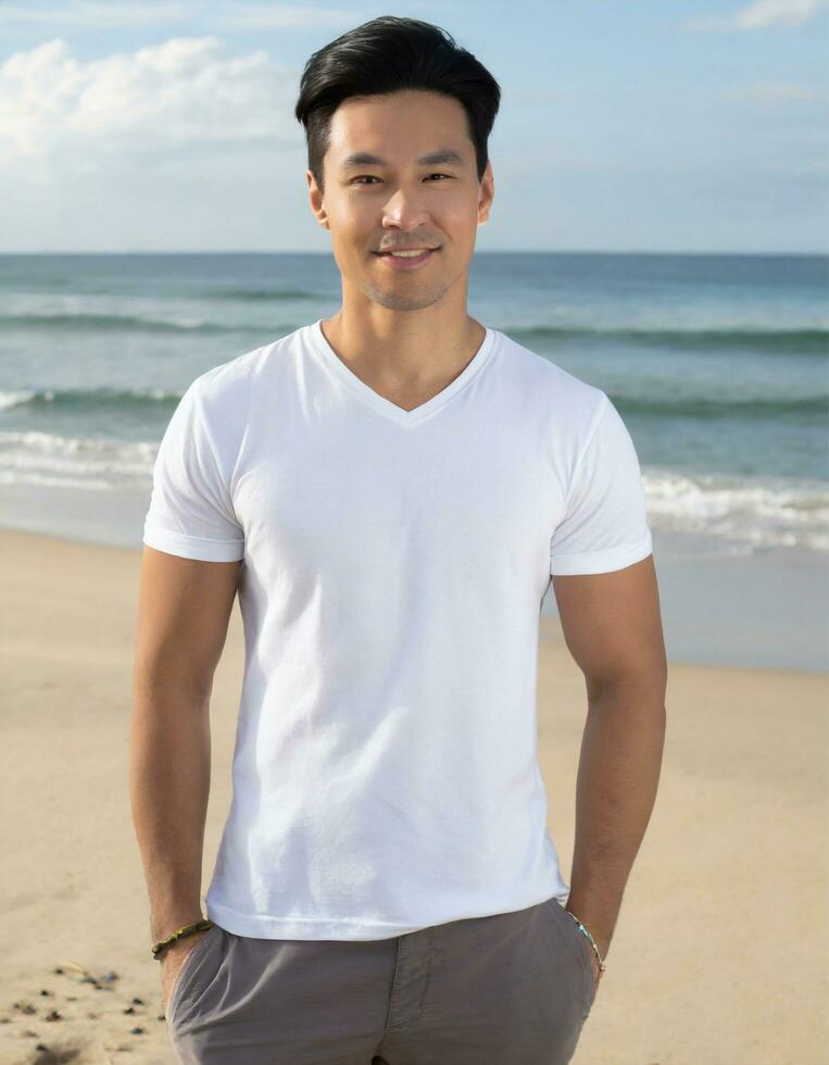 ai generato ritratto di un' bello giovane asiatico uomo in piedi su il spiaggia foto