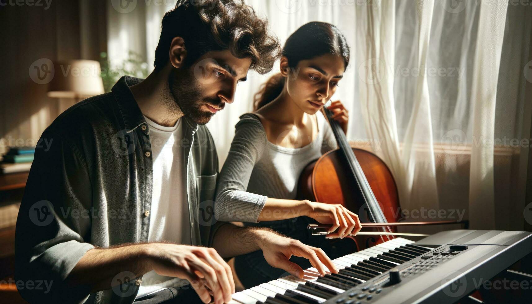 ai generato un' uomo e donna giocando il violoncello e tastiera del computer, la creazione di armonioso musica insieme. generativo ai foto