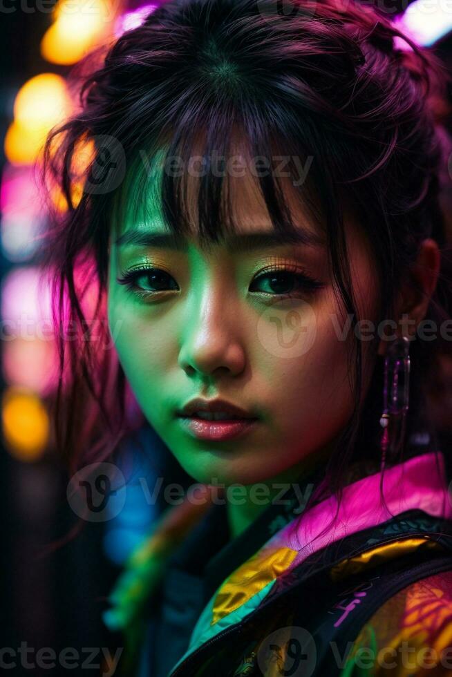 ai generato giovane donna con colorato capelli nel neon luci foto