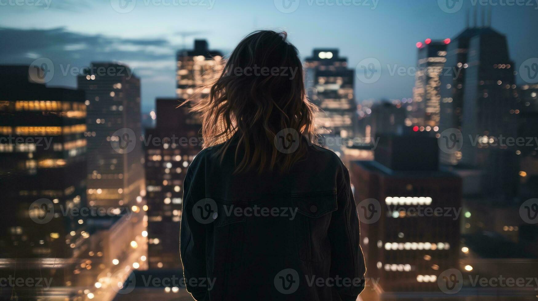 ai generato donna ammirazione città orizzonte a notte a partire dal tetto. generativo ai foto