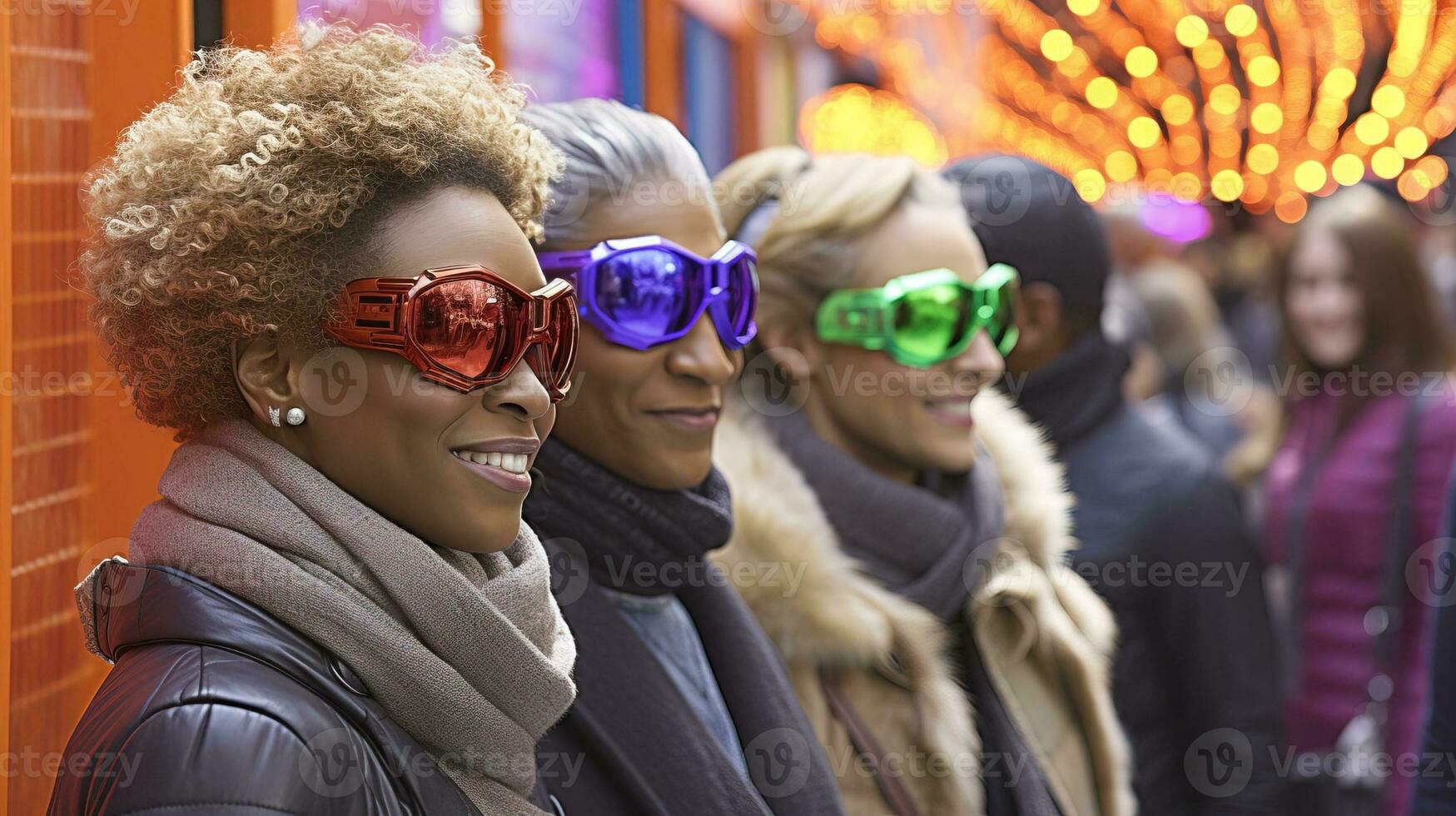 ai generato tre donne indossare vivace bicchieri su un' metropolitana, in mostra loro unico stile e aggiungendo un' pop di colore per loro dintorni. generativo ai foto