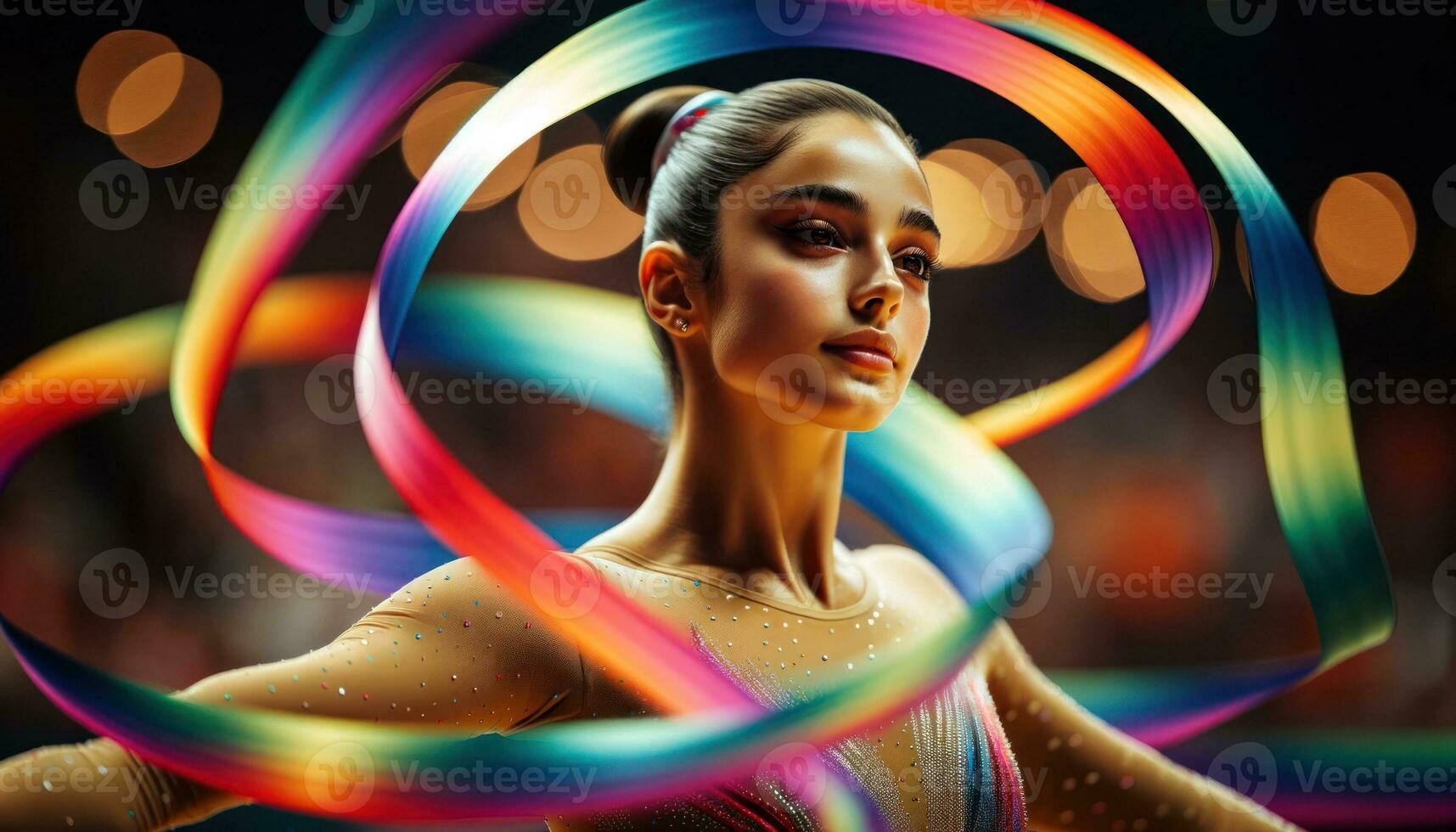 ai generato il femmina ballerino crea un' magnifico Immagine con colorato nastri nel sua mani. generativo ai foto