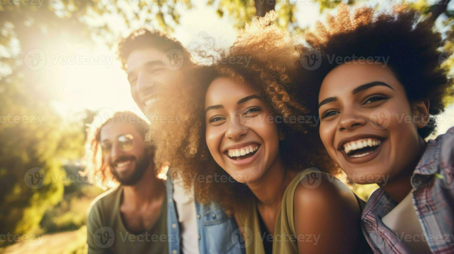 ai generato amici godendo il sole con grande sorrisi su loro facce. generativo ai foto