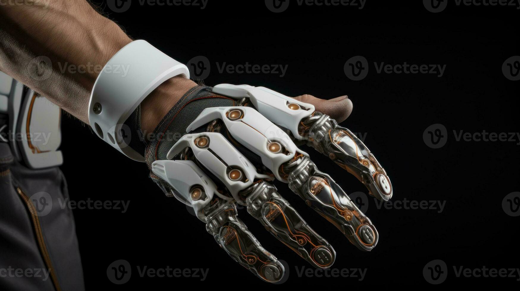 ai generato un' dell'uomo mano indossare un' robotica guanto, in mostra il fusione di umano e tecnologico capacità. generativo ai foto