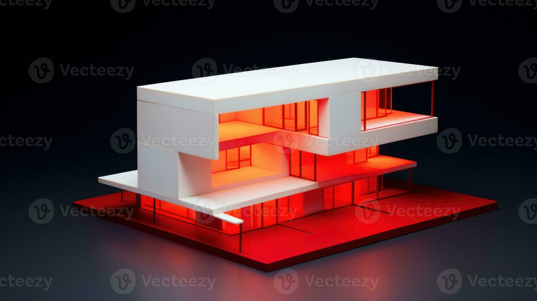 ai generato un' moderno Casa modello con rosso illuminazione, in mostra contemporaneo design e ambiente. generativo ai foto
