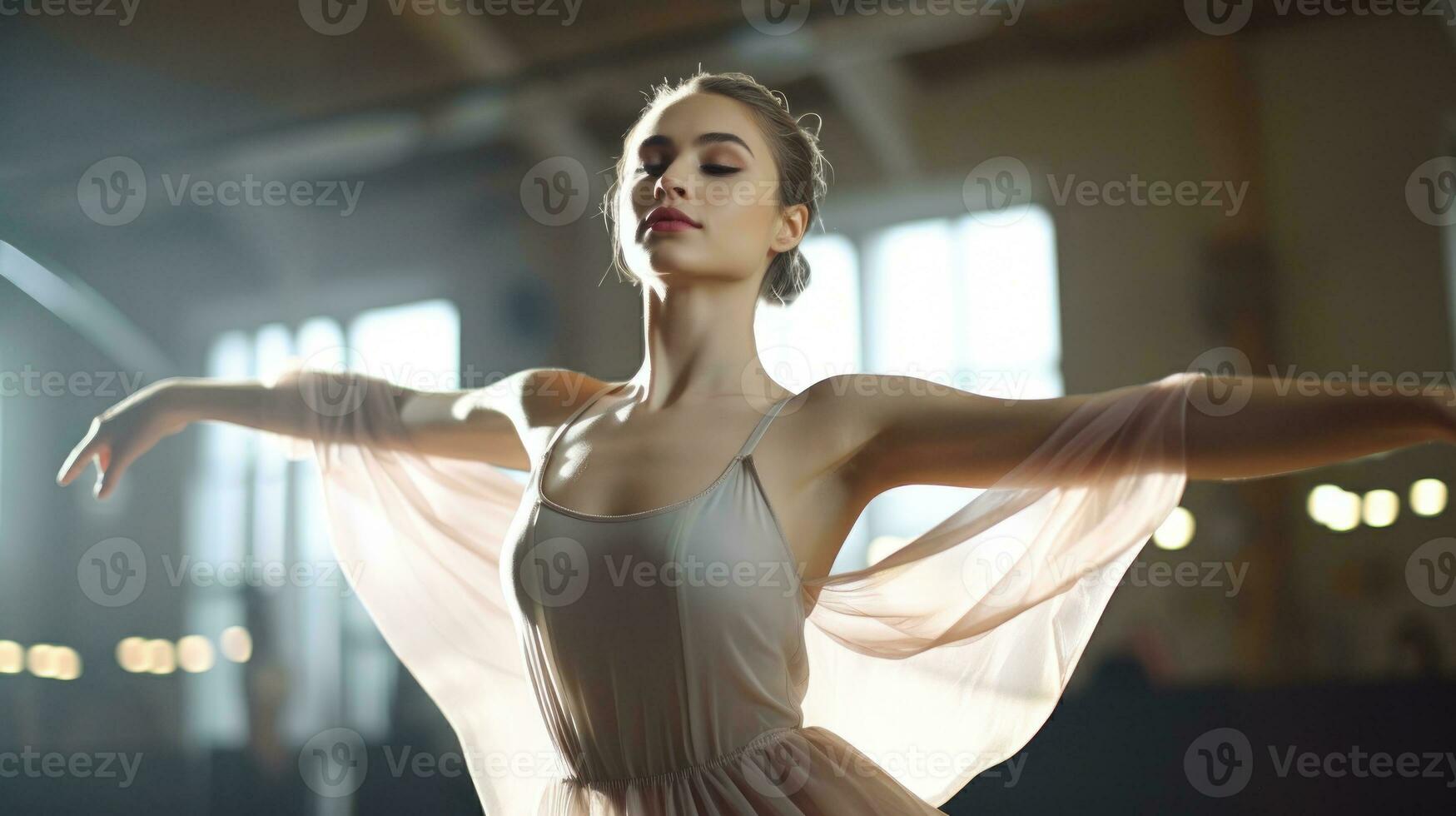 ai generato un' grazioso ballerina nel un' rosa vestire, in mostra eleganza e equilibrio attraverso sua danza movimenti. generativo ai foto