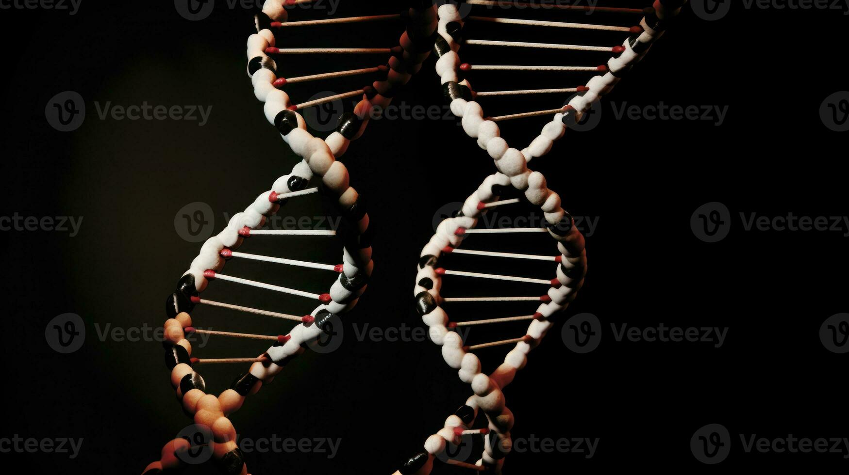 ai generato Due filoni di dna illuminato nel un' debolmente illuminato camera. generativo ai foto