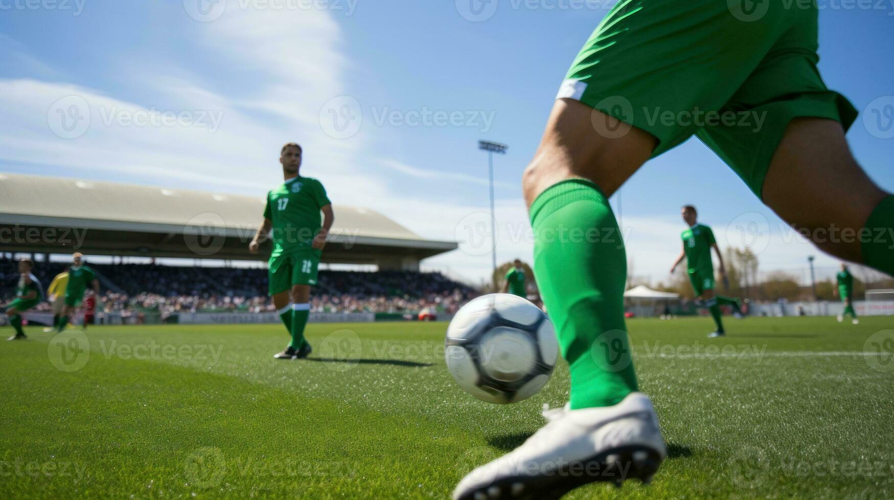 ai generato un' calcio palla su un' verde campo con Giocatori nel il sfondo, pronto per calcio il sfera. generativo ai foto