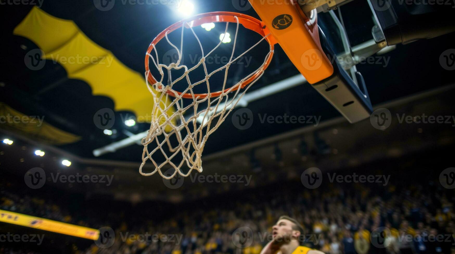 ai generato un' pallacanestro giocatore prepara per sbattere inzuppare il palla nel mezz'aria. generativo ai foto