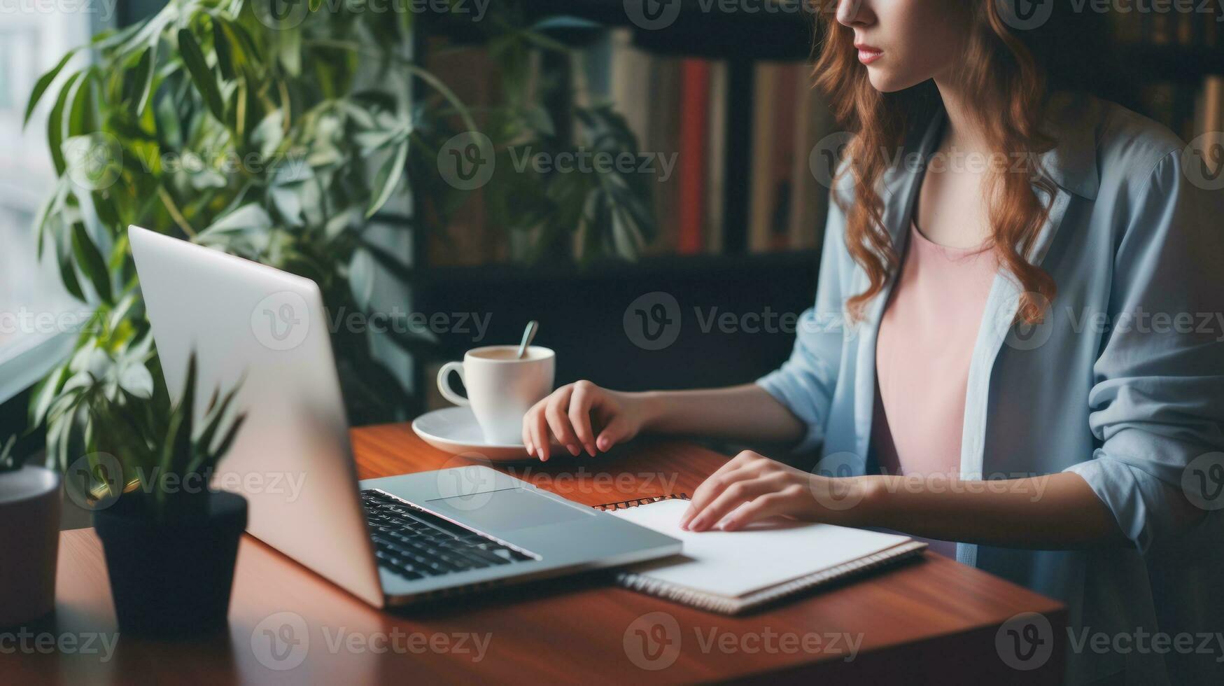 ai generato un' donna seduta a un' scrivania, Lavorando su un' il computer portatile e godendo un' tazza di caffè. generativo ai foto