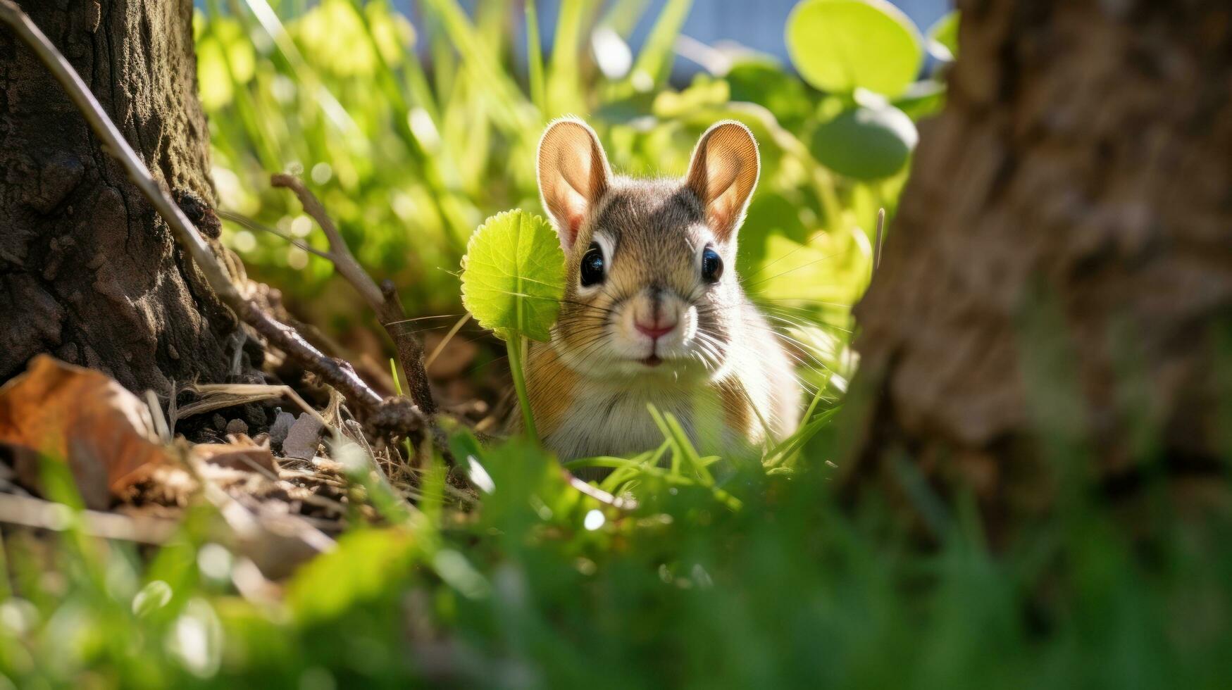 ai generato un' piccolo Marrone topo in piedi nel il erba, guardare mettere in guardia e curioso. generativo ai foto