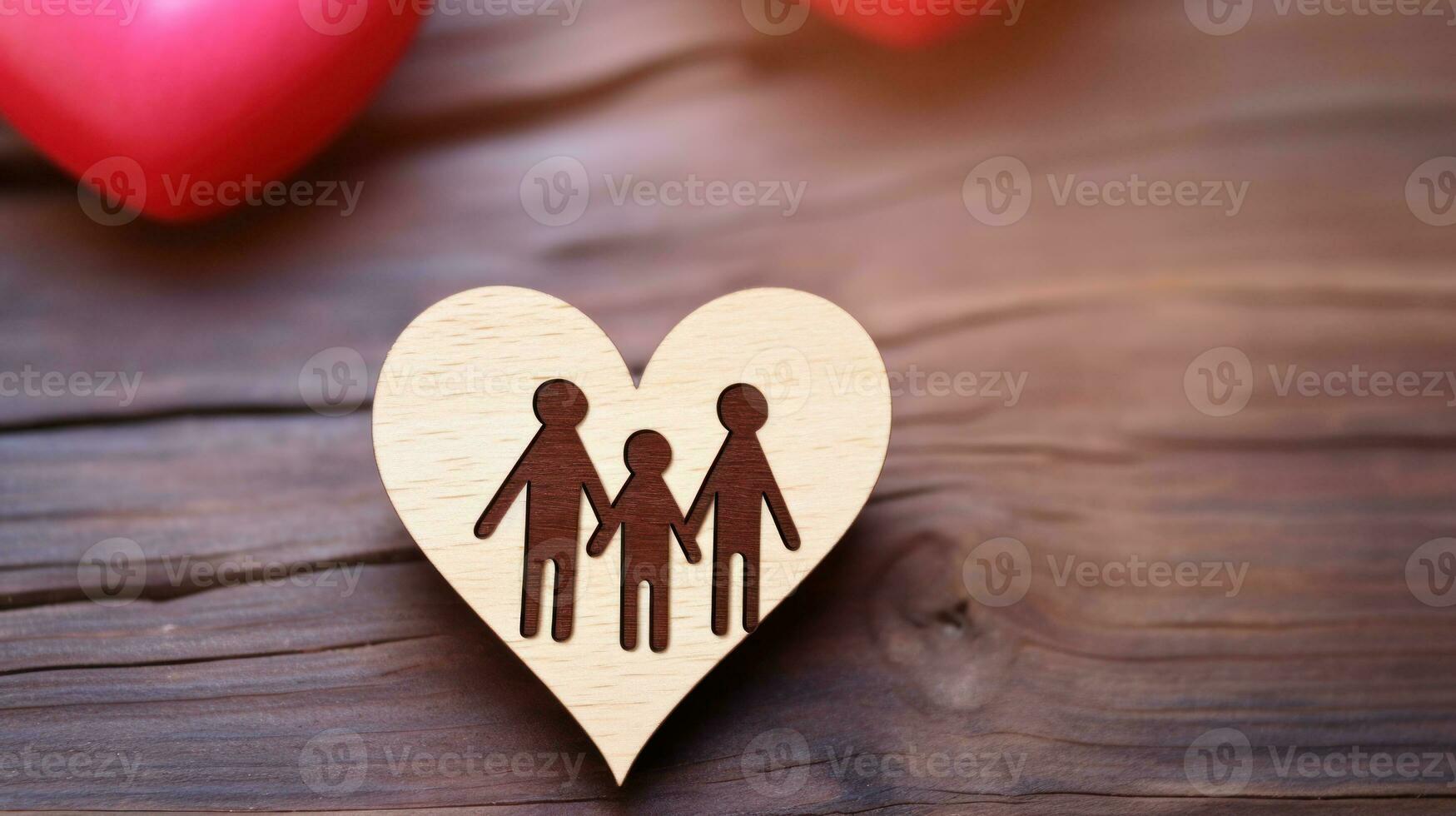 ai generato un' di legno cuore con un' famiglia silhouette acidato su esso, simboleggiante amore e unità. generativo ai foto