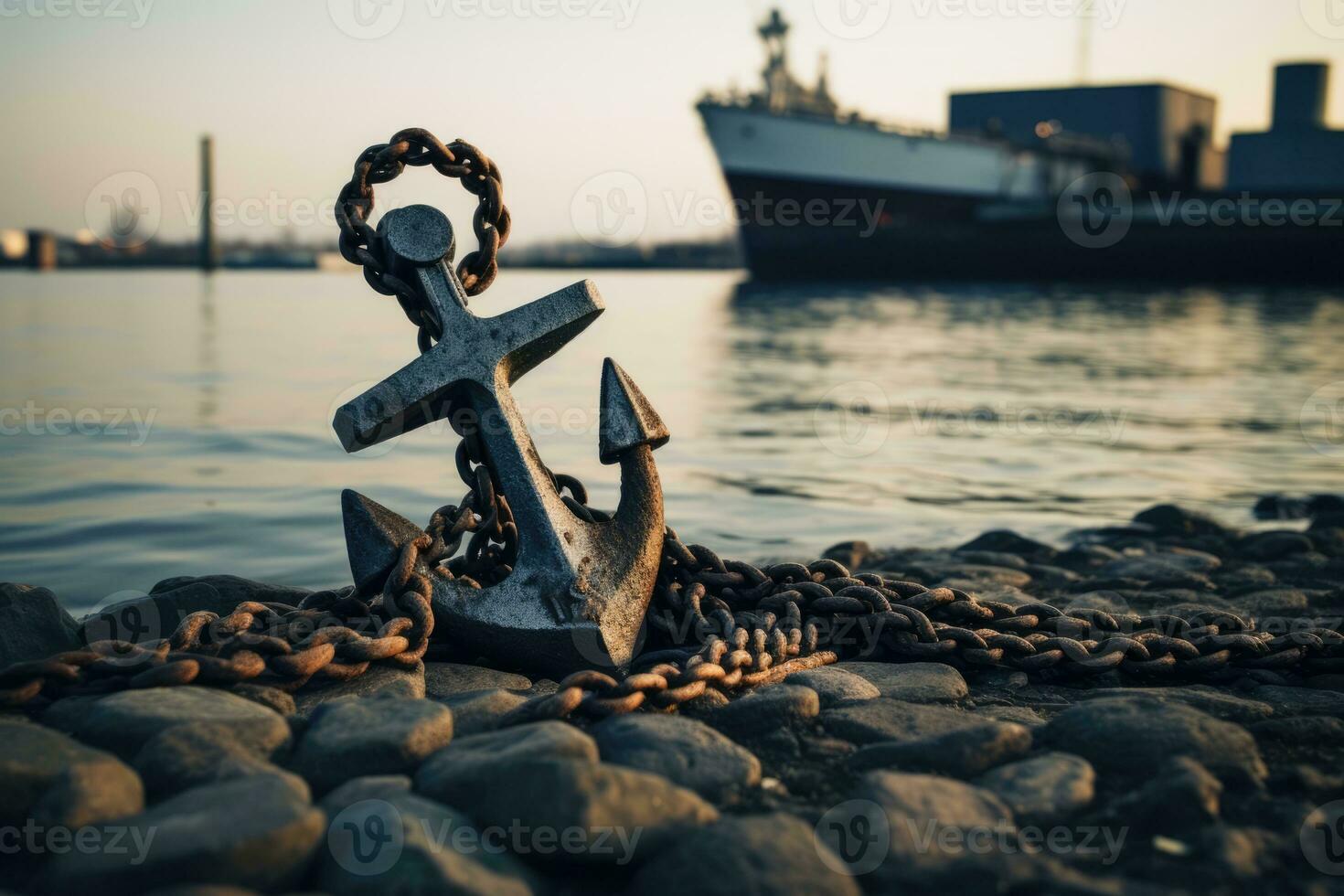 ai generato marino acciaio cielo ancora porta corda mare nave barca bacino nautico vecchio ferro porto foto