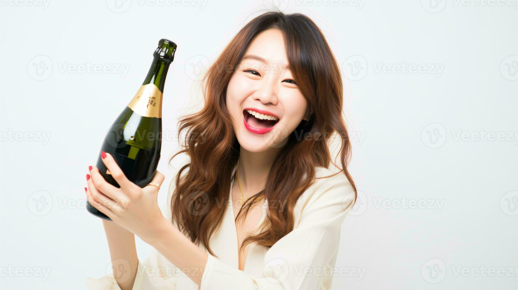 ai generato contento donna festeggiare nuovo anno con un' bottiglia di Champagne nel mano foto