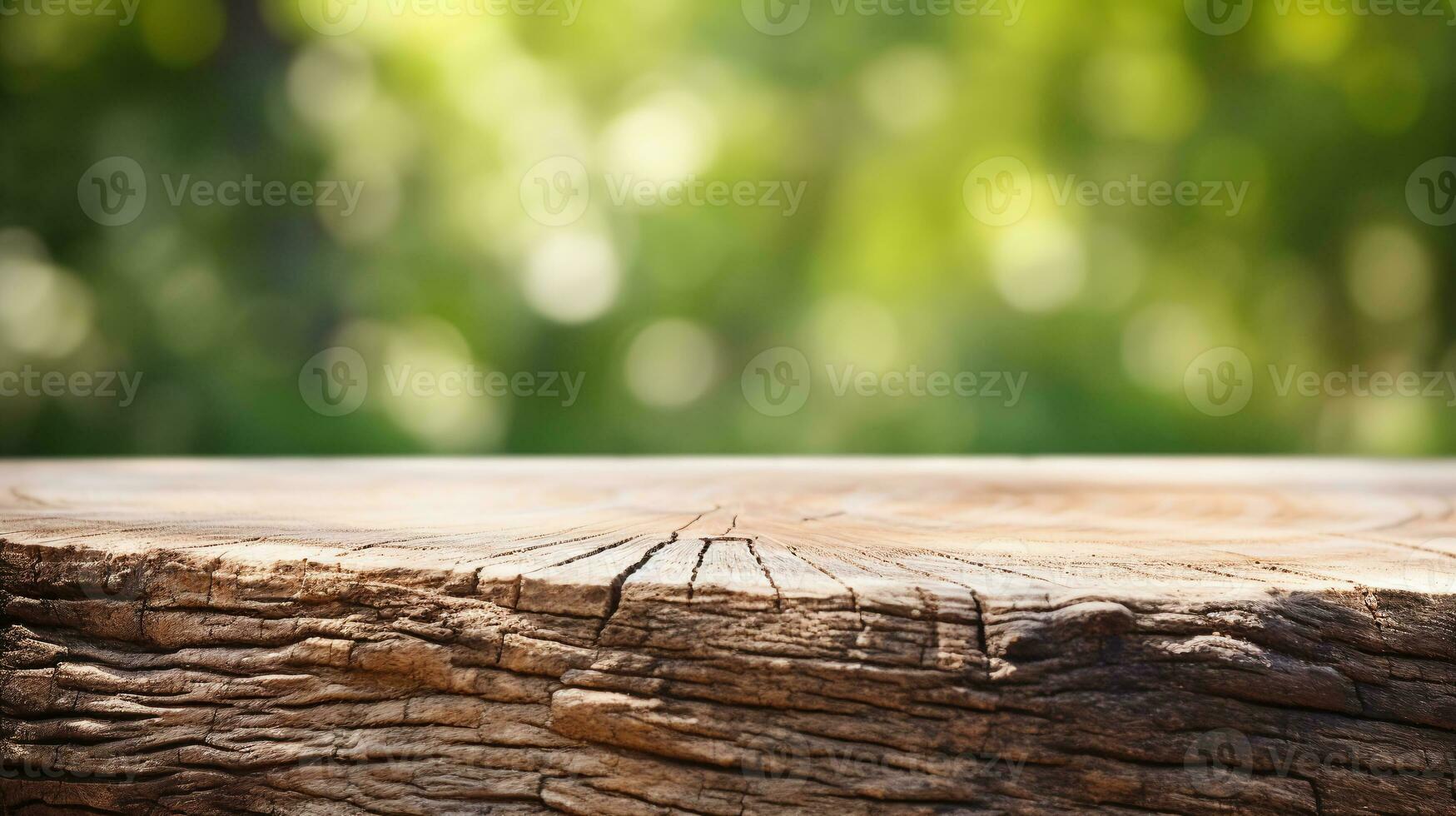 ai generato vuoto di legno tavolo con un' sfocato verde frondoso sfondo e luce del sole filtraggio attraverso il alberi, ideale per Prodotto Schermo. foto