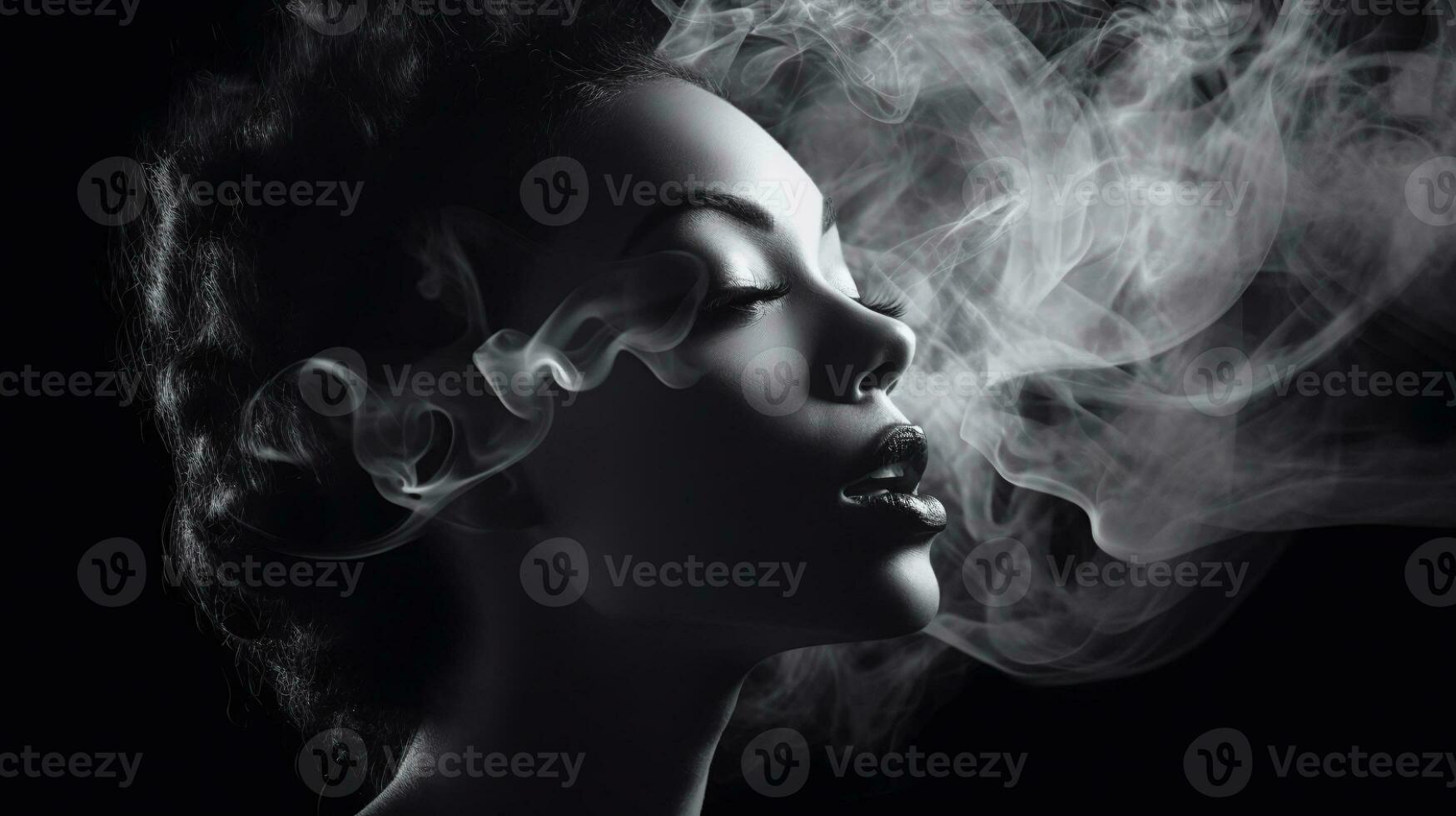 ai generato nero e bianca artistico ritratto di un' donna con chiuso occhi, espirando Fumo quello turbinii in giro sua viso foto