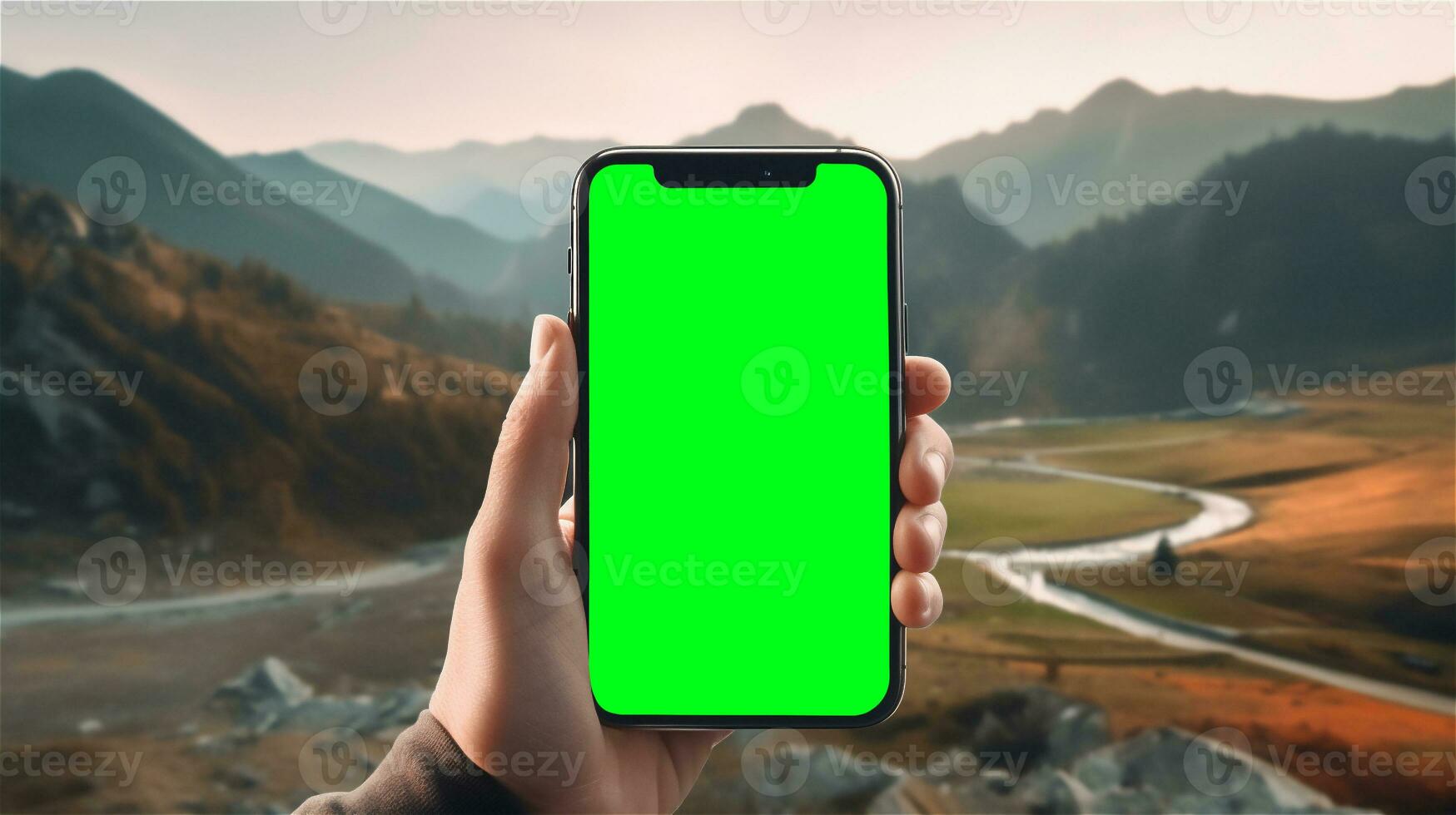 ai generato montagne, un' soggettivo Visualizza di il cellula Telefono con schermo verde per scambio il soddisfare di il schermo, generativo ai foto