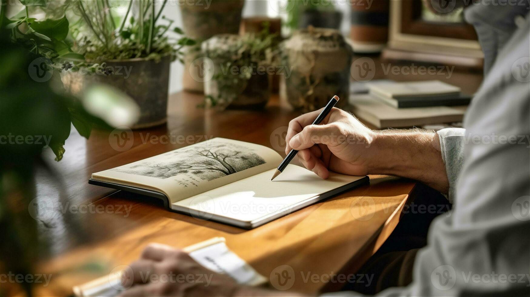 ai generato un' foglio di carta e un' penna. un' uomo si siede nel davanti di il suo album per schizzi nel un atmosferico leggero atmosfera foto