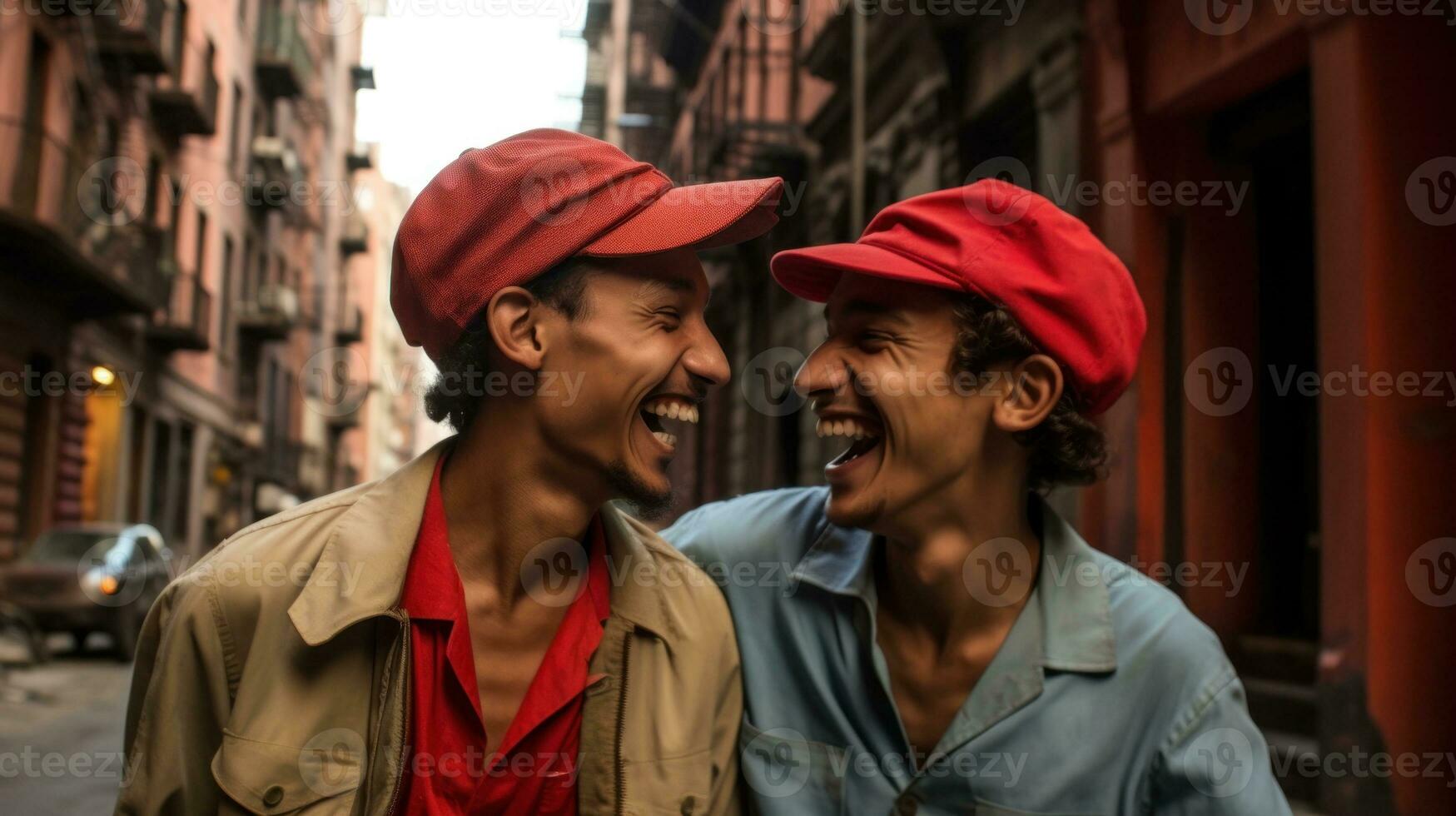 ai generato Due uomini indossare rosso cappelli Condividere un' gioioso momento come essi ridere insieme su il strada. generativo ai foto