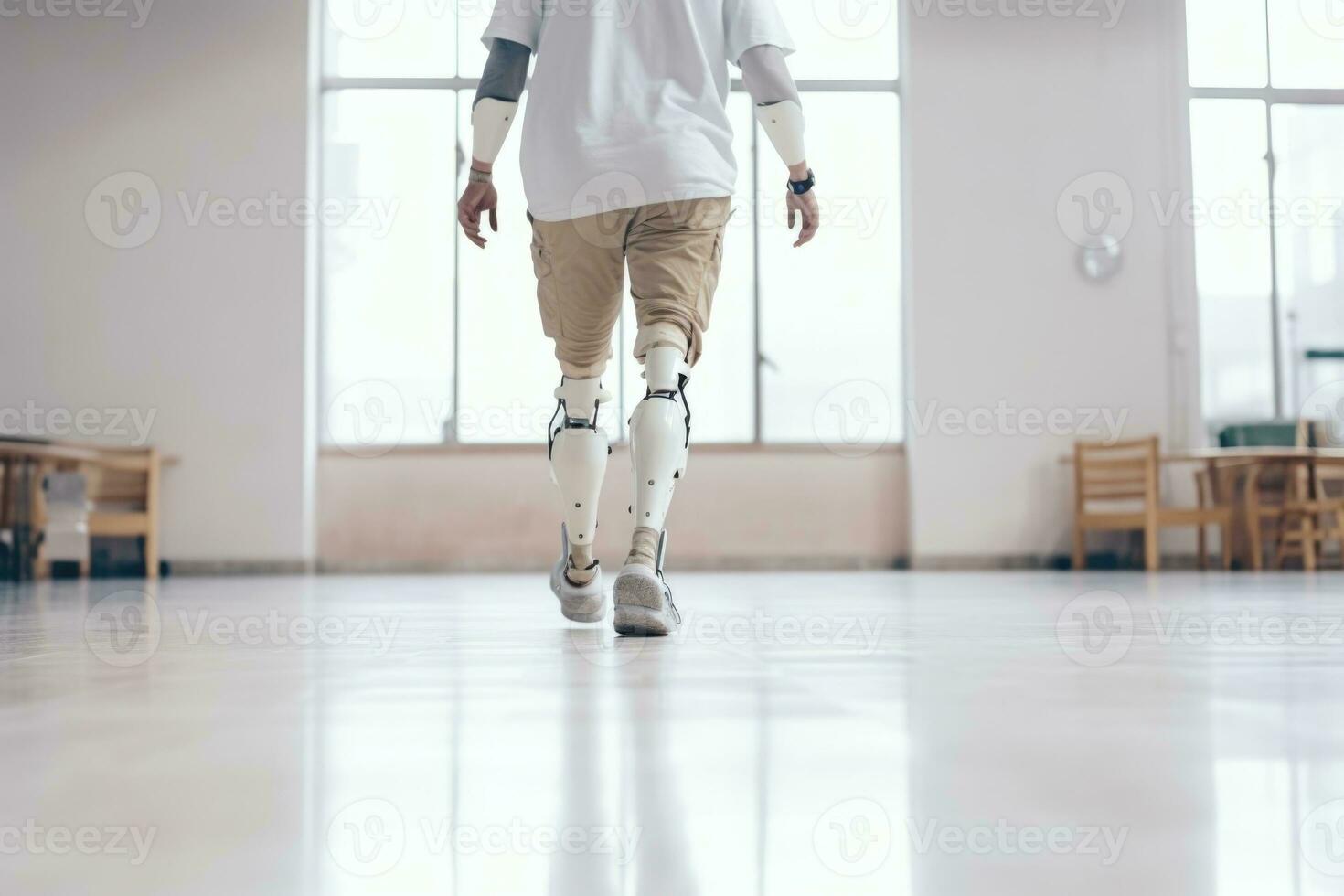 ai generato uomo a piedi con fiducia con Avanzate protesico gamba tecnologia. foto