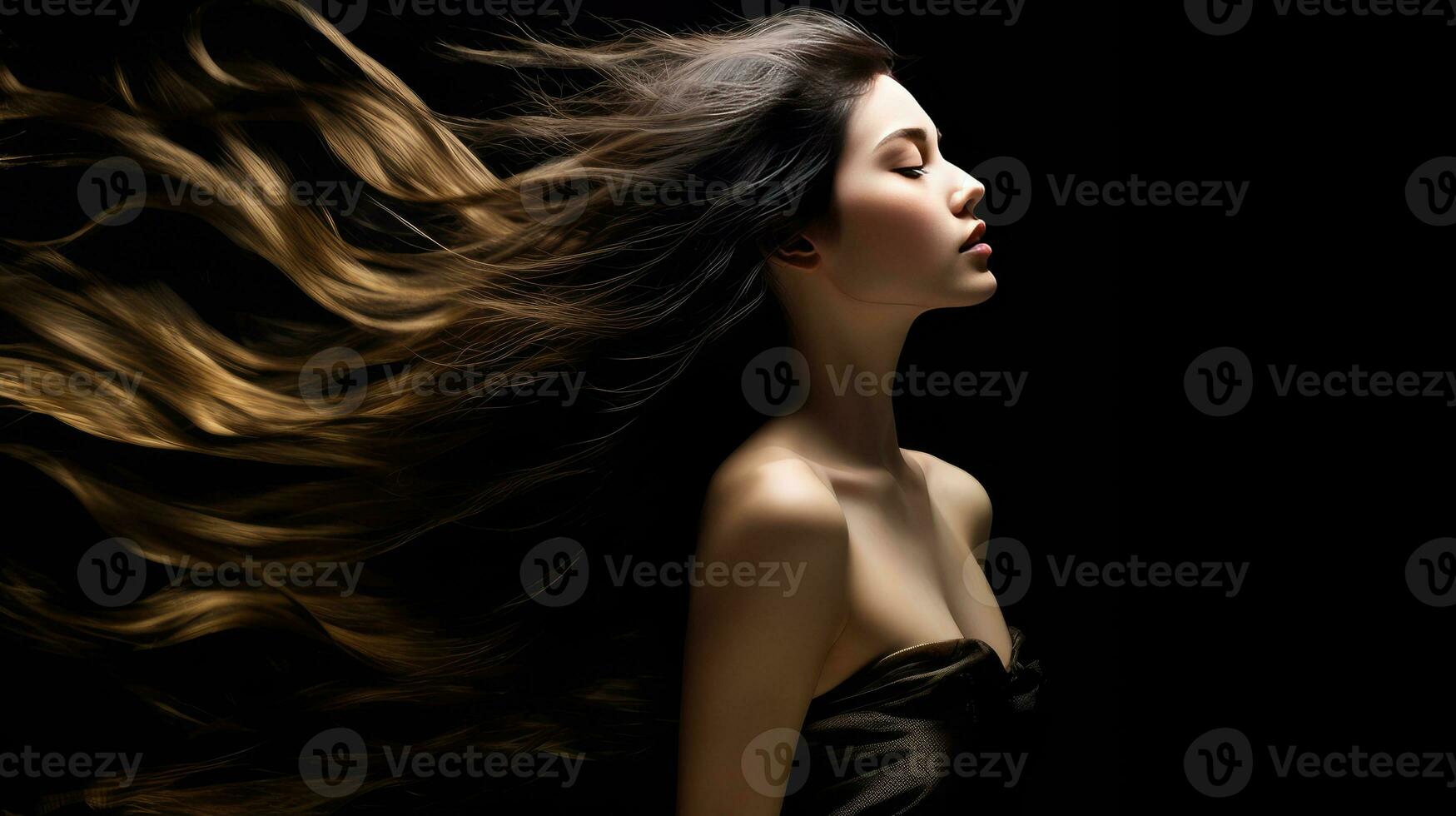 ai generato bellissimo lungo capelli. bellezza donna con lussuoso Marrone capelli foto