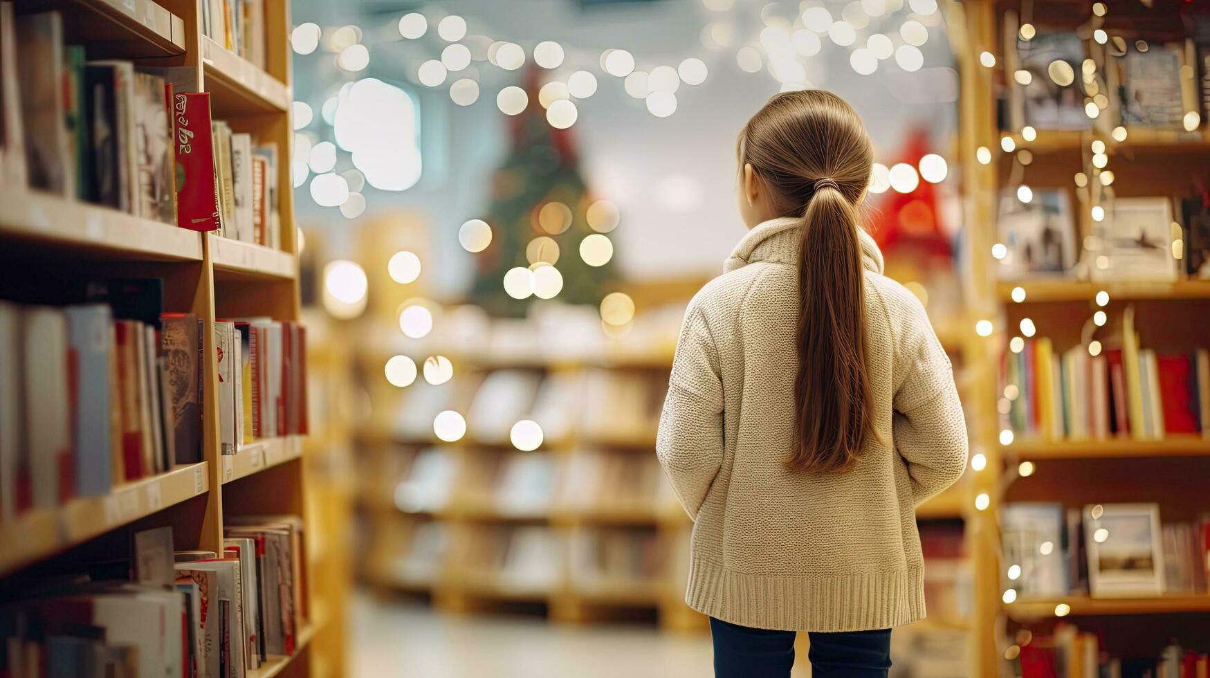 ai generato 10 anno vecchio ragazza alunno nel un' leggero maglione sta nel un' libreria tra il scaffali con libri. indietro per scuola concetto. foto