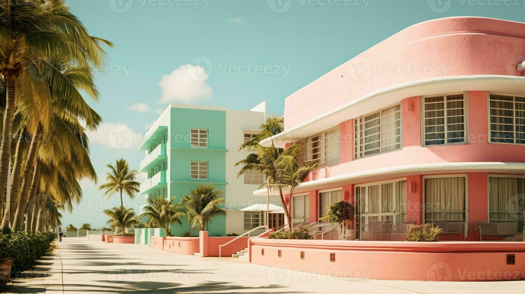 ai generato generativo ai, surreale miami città con deco retrò edifici, rosa e blu colori, estate vibrazioni foto