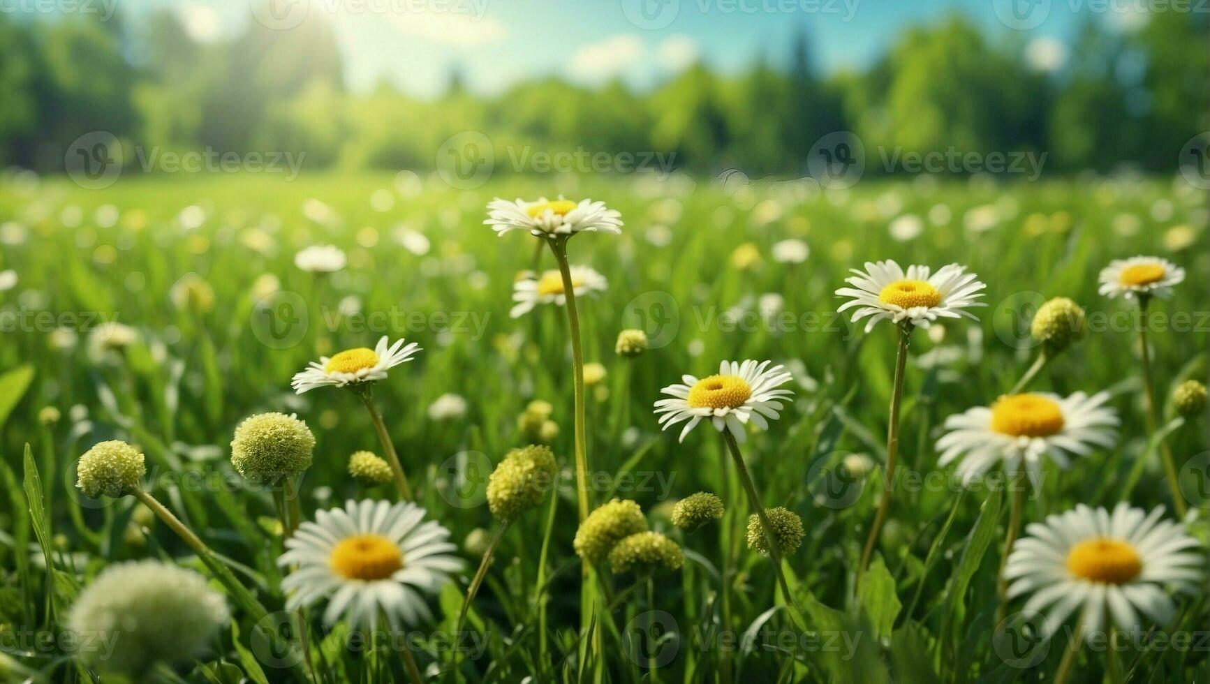 ai generato giallo margherita nel verde campo sotto blu cielo, avvicinamento foto